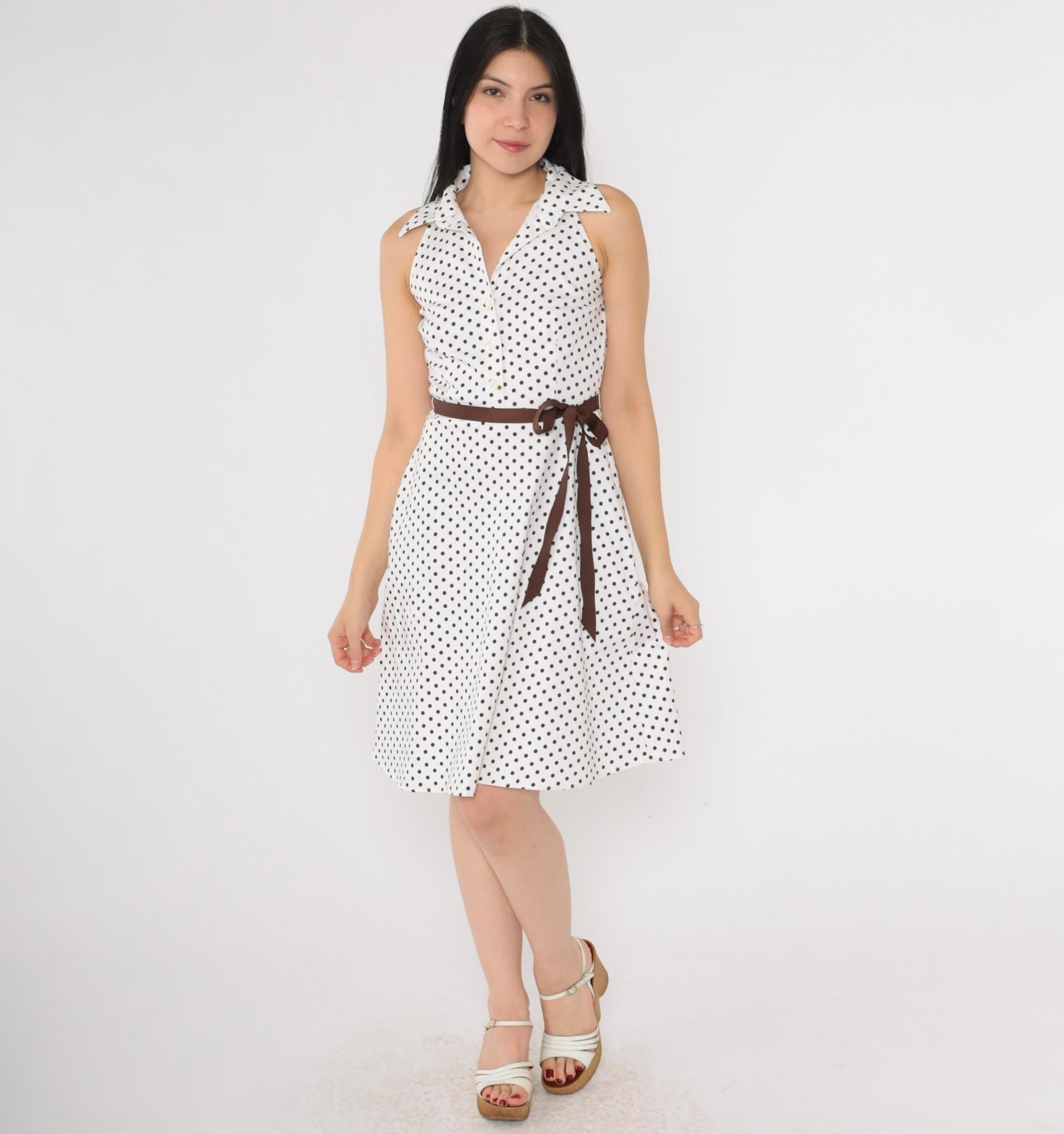 00s White Polka Dot Halter Mini Dress Brown Belt Button-Up Small 6