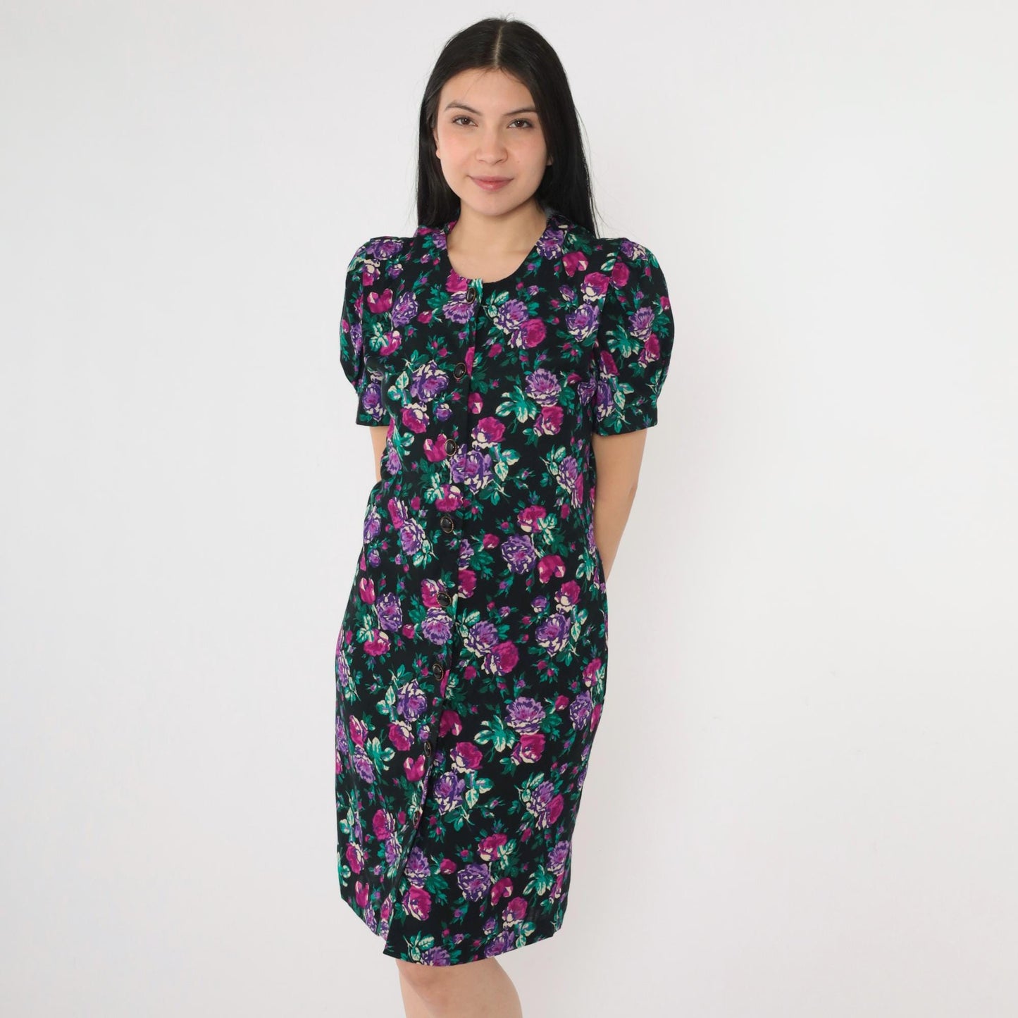 80s Floral Sheath Dress Puff Sleeve Black Purple Rose Mini Button Up Small