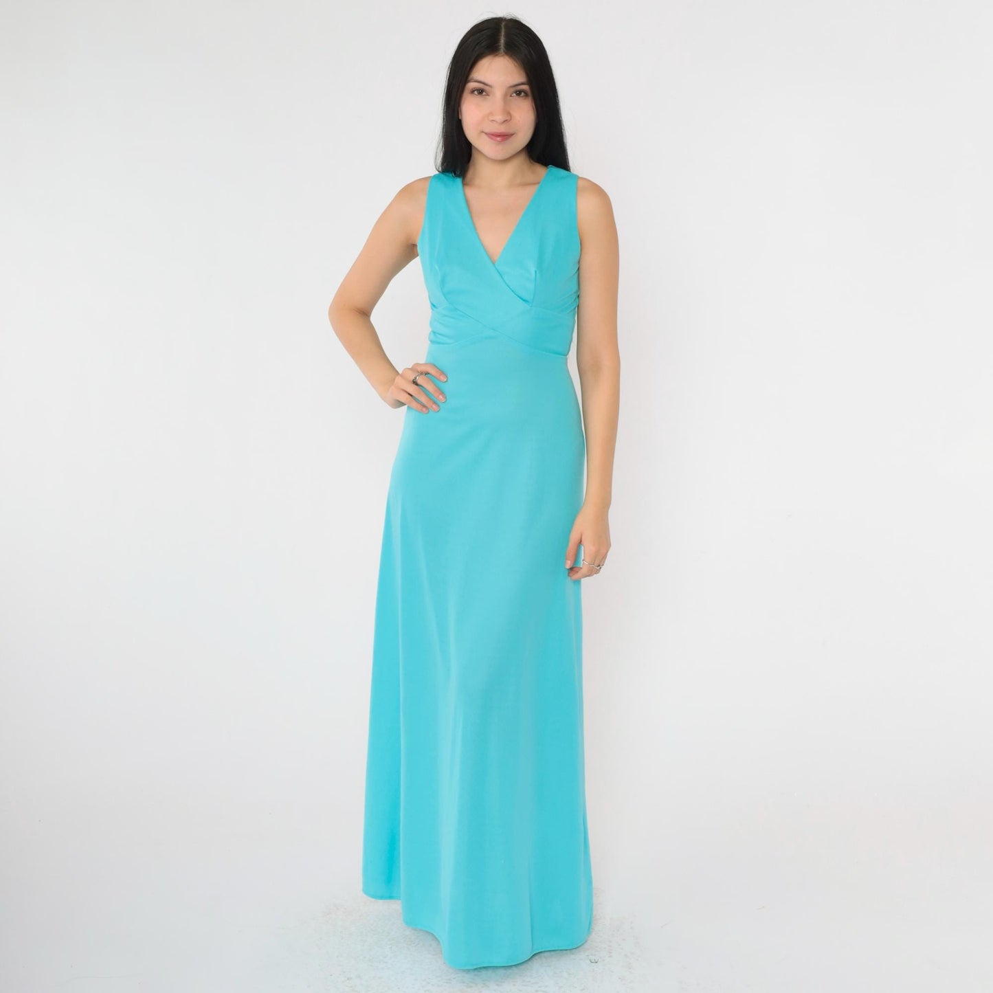 70s Turquoise Maxi Dress V Neck High Waist Sleeveless Gown Extra Small