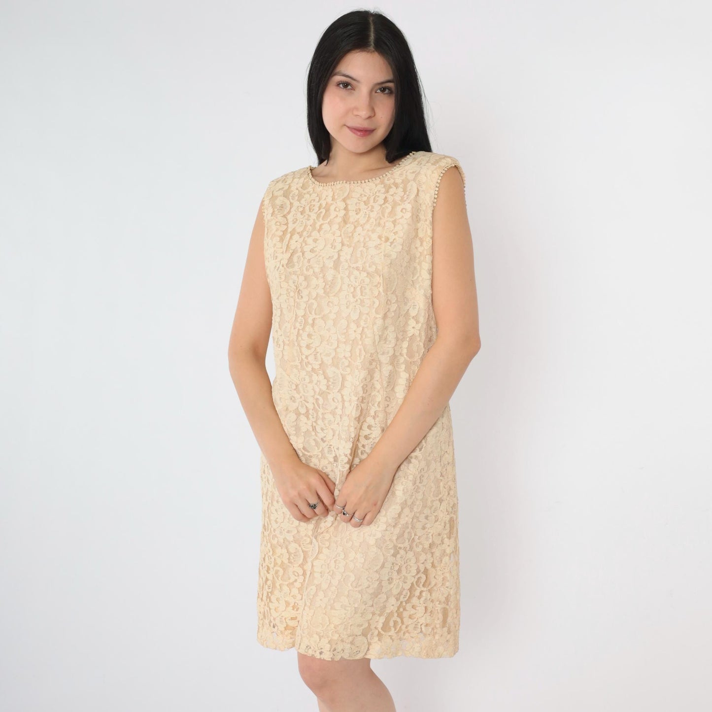 1960s Cream Lace Mini Dress Sleeveless A-Line Cocktail Medium M