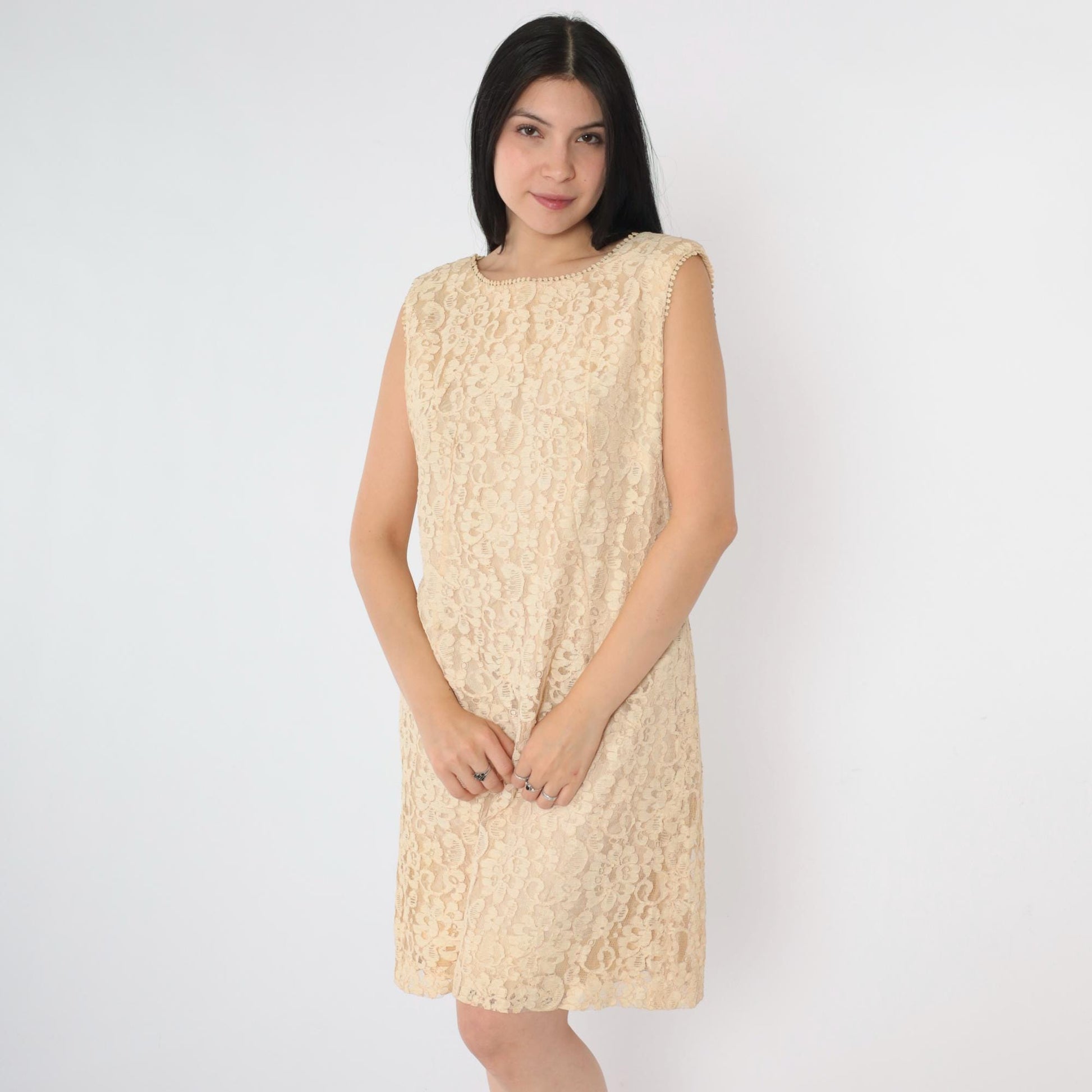 1960s Cream Lace Mini Dress Sleeveless A-Line Cocktail Medium M