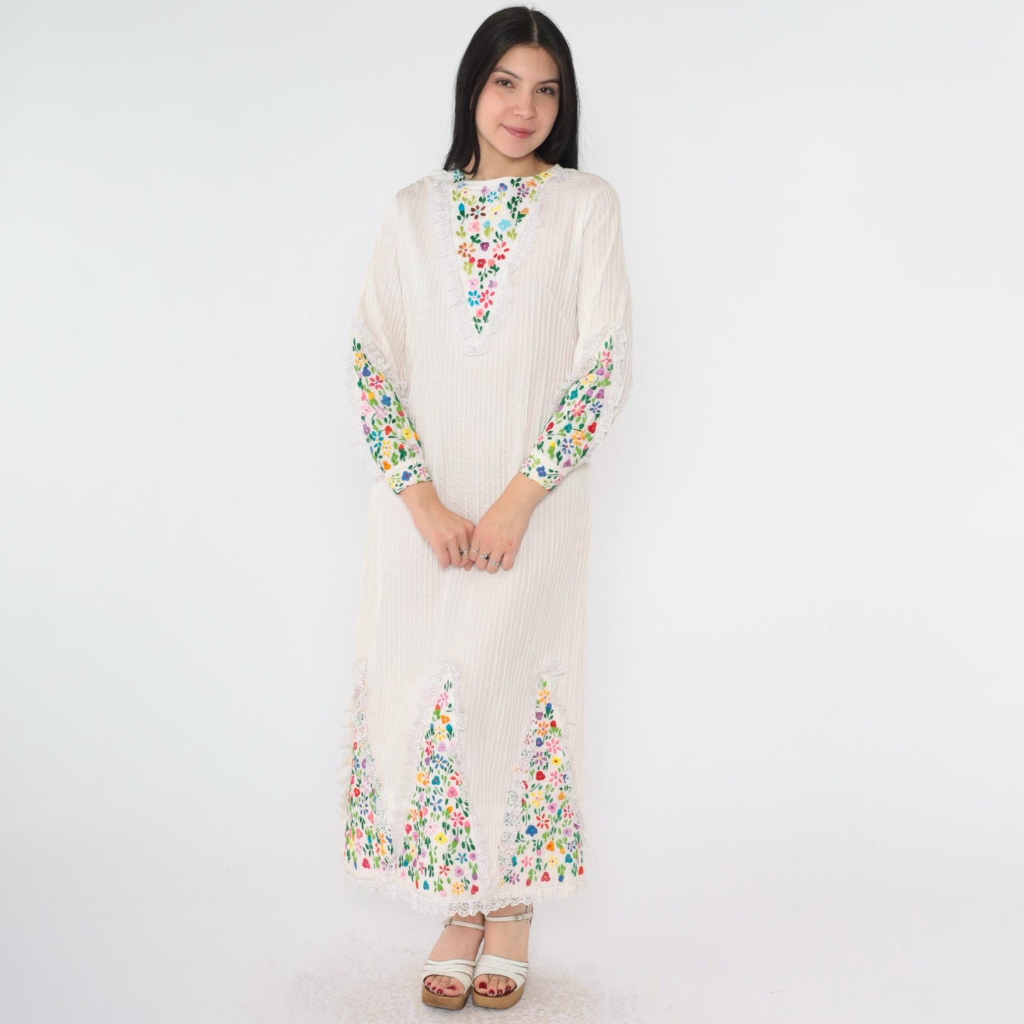 1970s Mexican Floral Embroidered Midi Dress Rainbow Lace Trim Shift Medium M