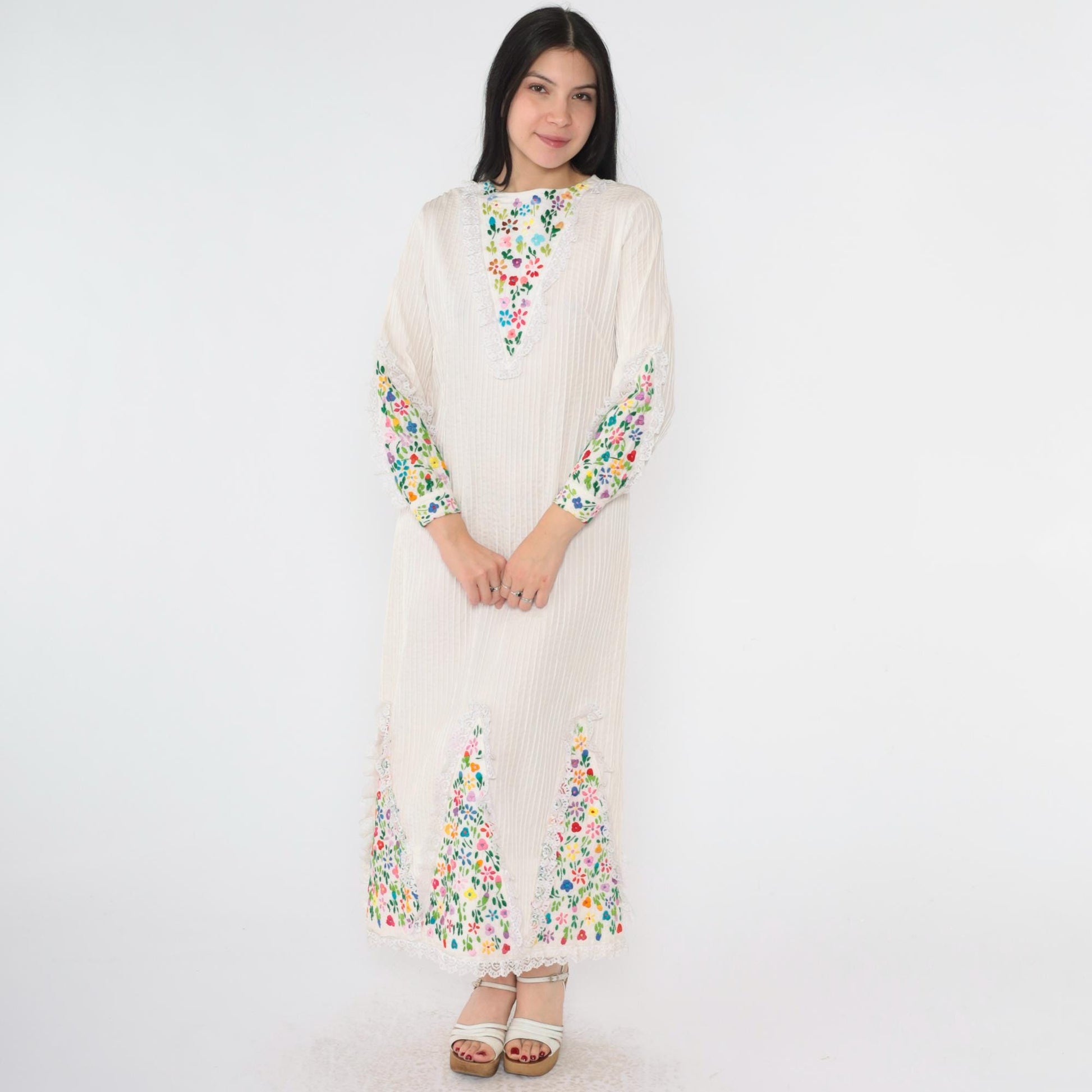 1970s Mexican Floral Embroidered Midi Dress Rainbow Lace Trim Shift Medium M