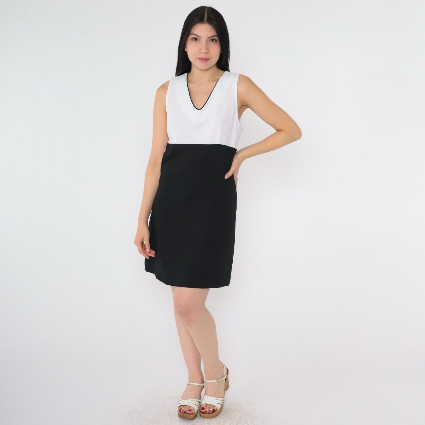90s A. Byer California Black White Mini Dress Empire Waist V Neck Small S