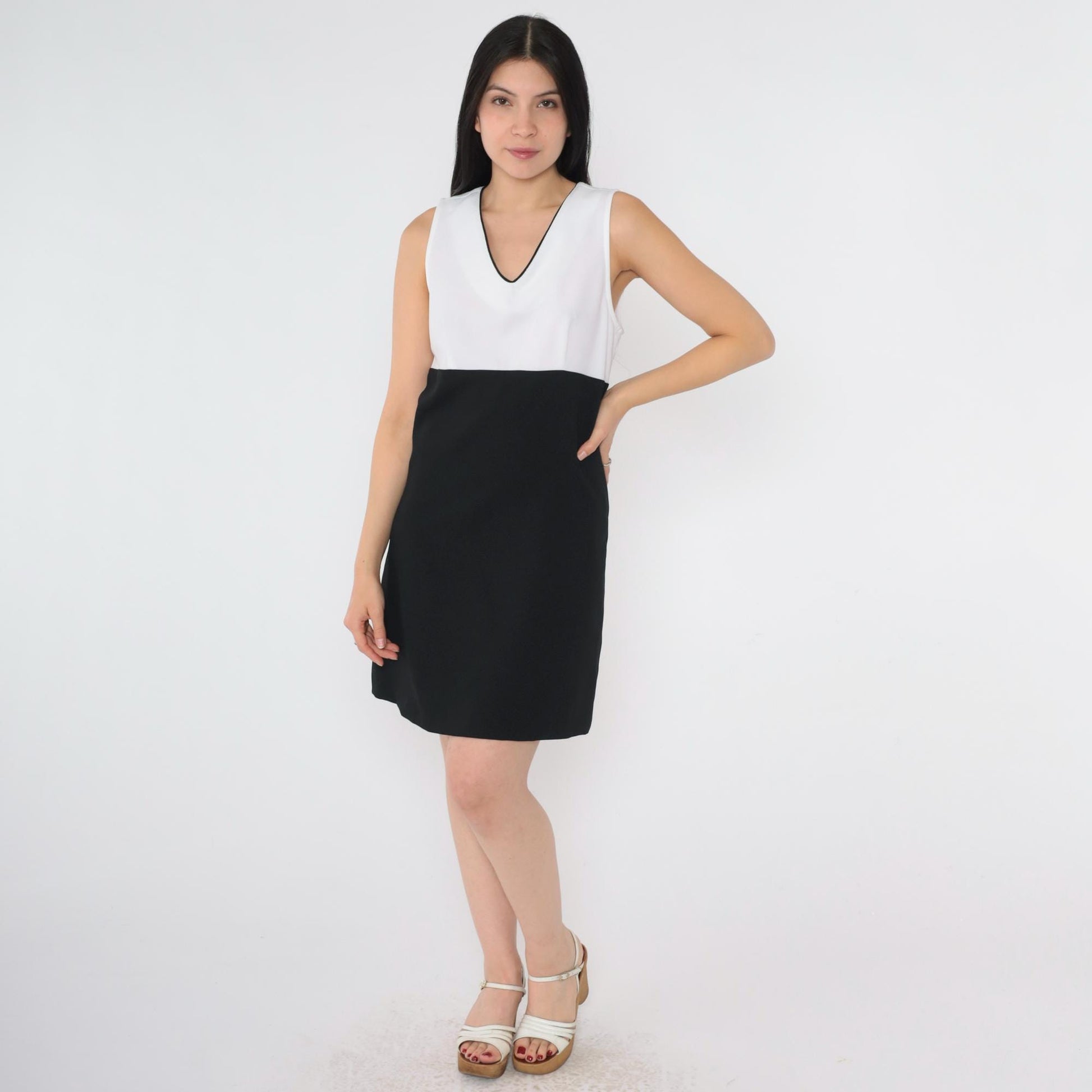 90s A. Byer California Black White Mini Dress Empire Waist V Neck Small S
