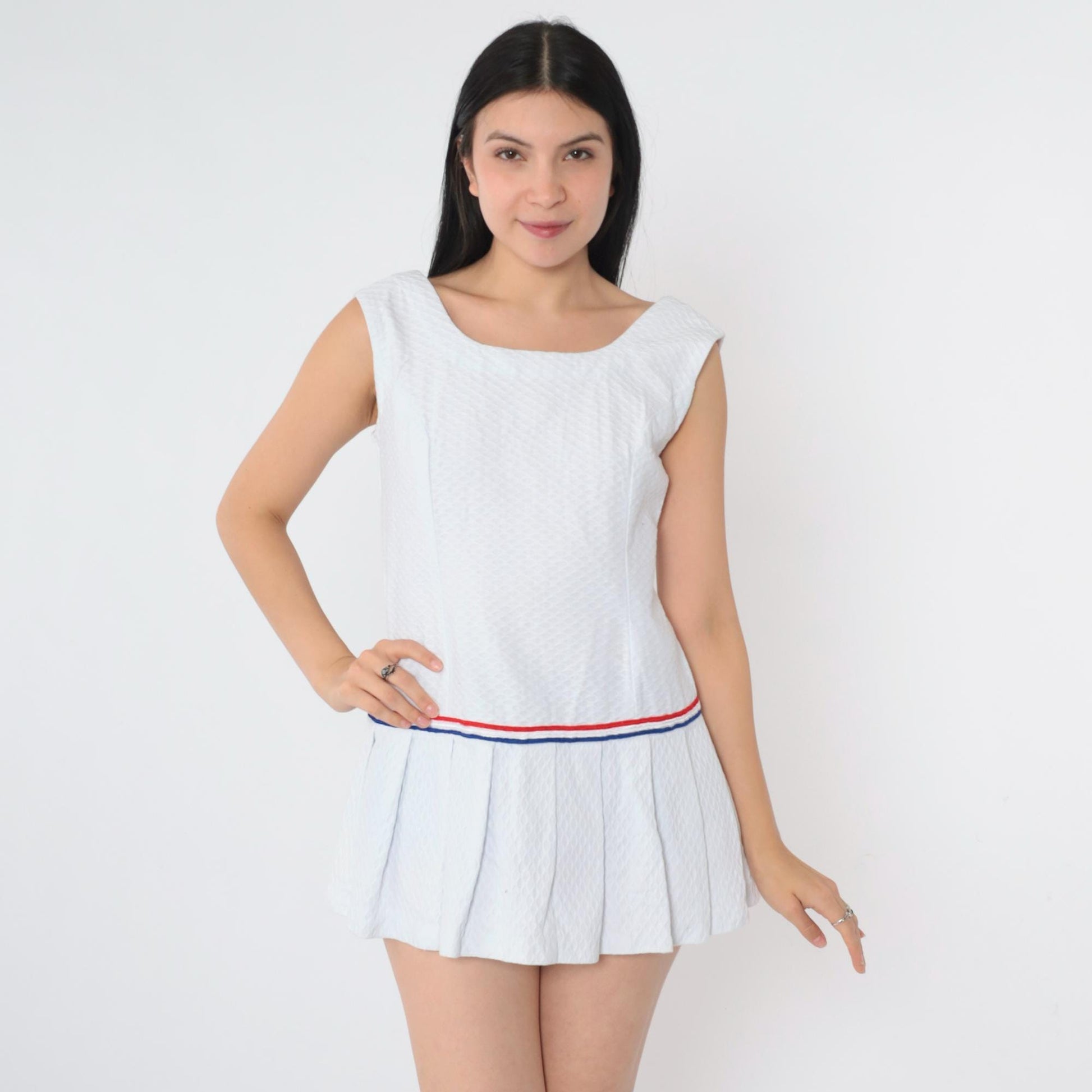60s Mod Scooter Dress White Drop Waist Pleated Mini Sleeveless Small