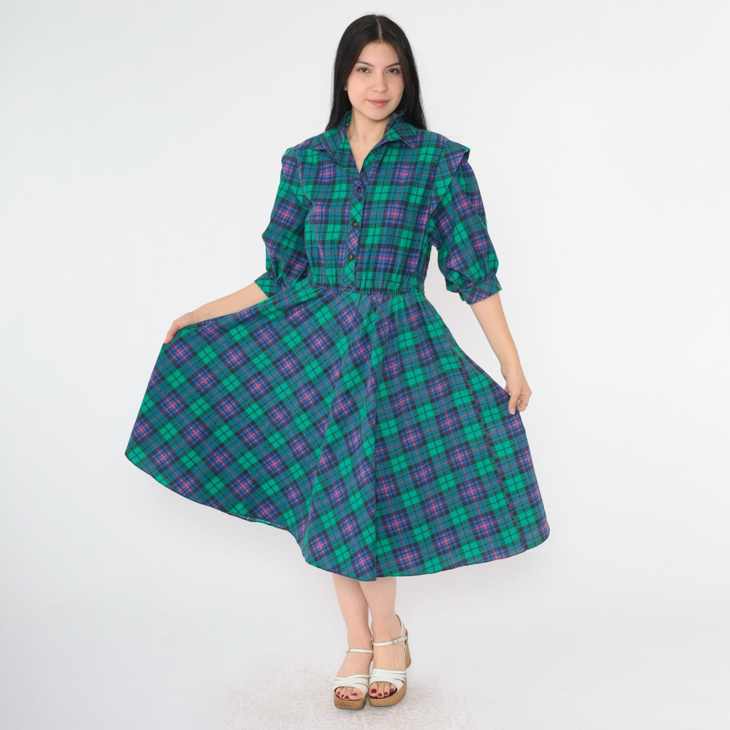 80s Blue Green Plaid Midi Shirt Dress High Waist Collared Button Up Small S