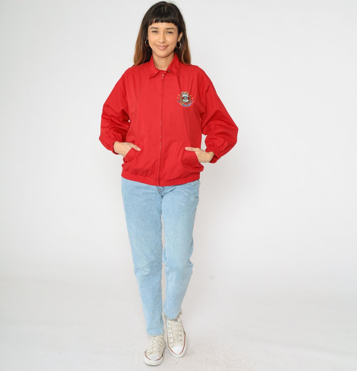 90s Jantzen Nautical Windbreaker Jacket Red Embroidered Crest Medium M