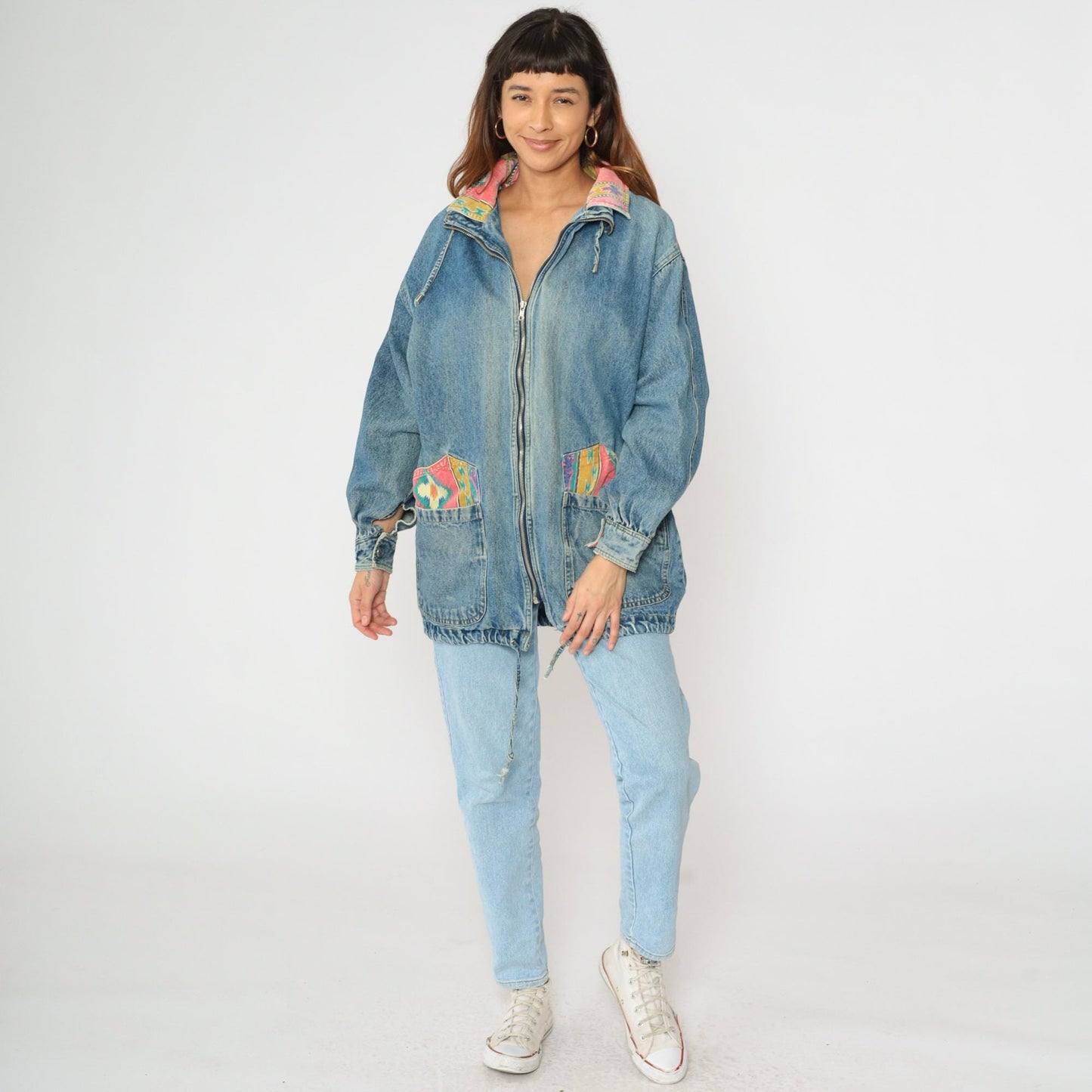 90s Southwestern Denim Jacket Blue Aztec Patch Jean Coat Medium M