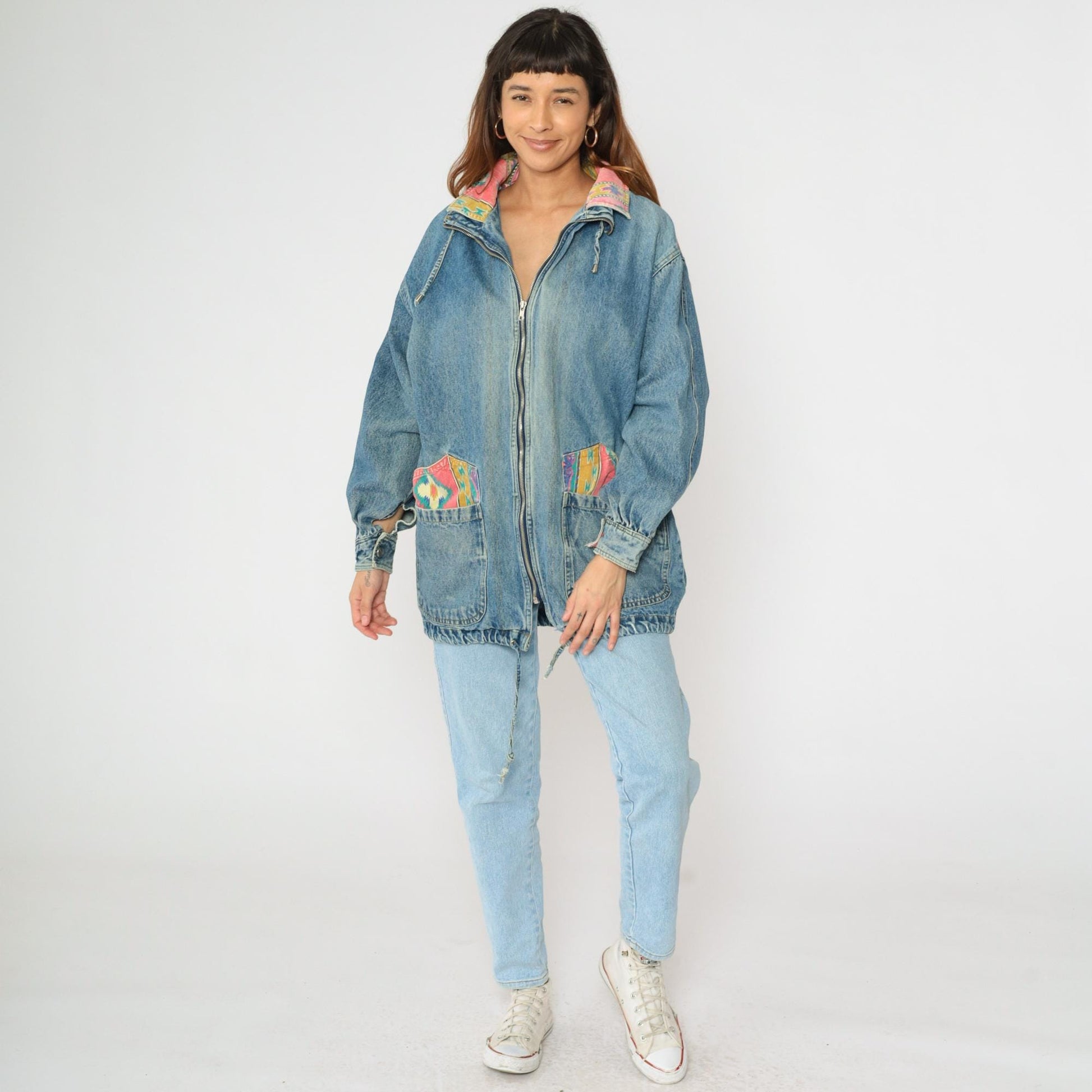 90s Southwestern Denim Jacket Blue Aztec Patch Jean Coat Medium M
