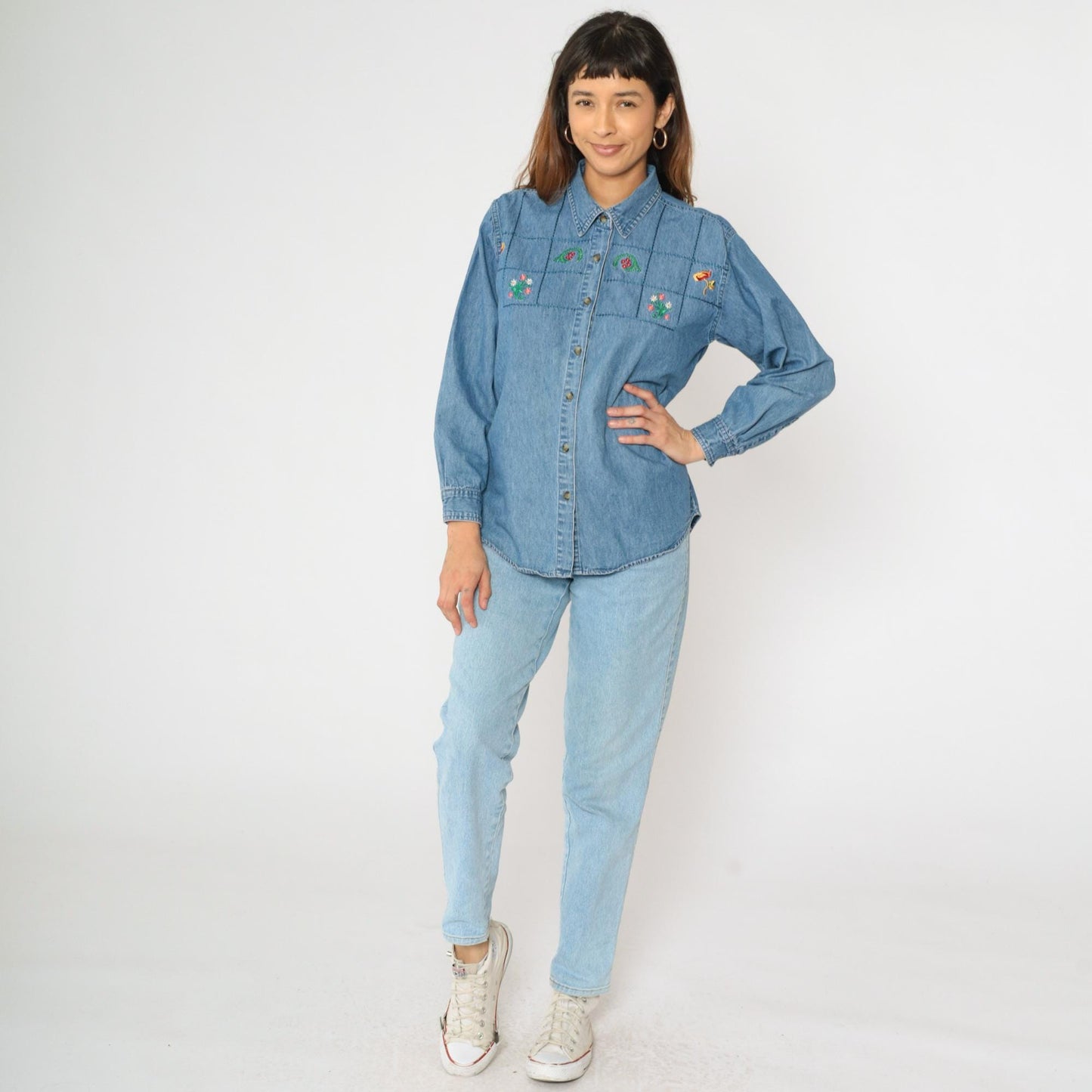 90s River Blues Floral Embroidered Denim Button-Up Shirt Blue Medium M