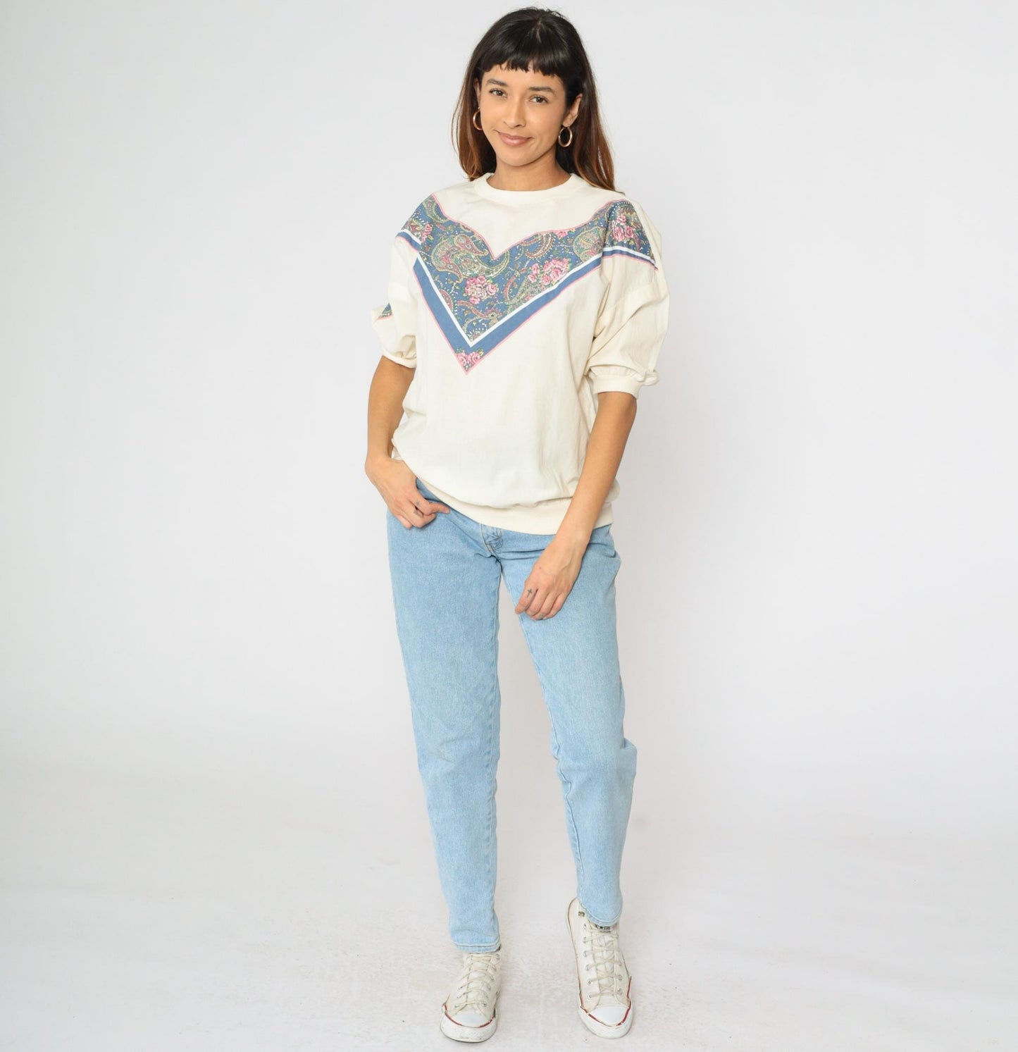 90s Cream Paisley Floral Blouse Short Sleeve Banded Hem Large L