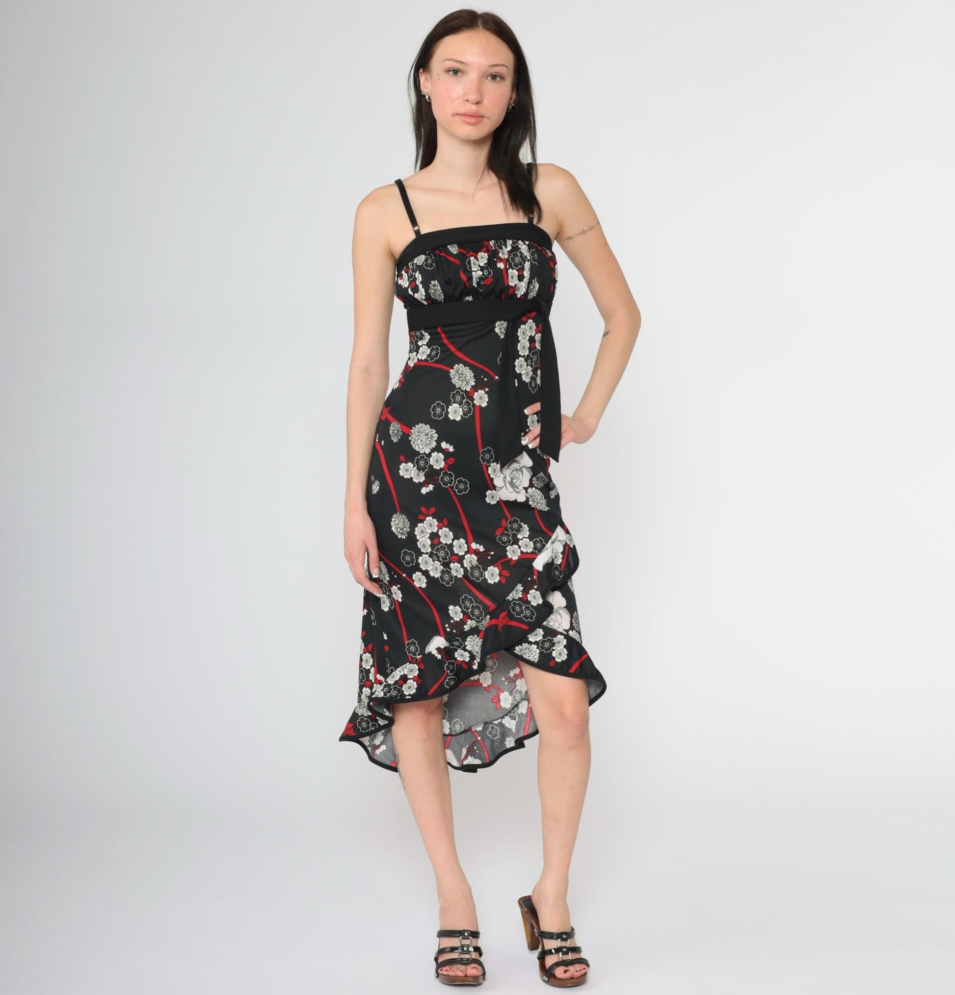 Y2K Black Floral Midi Dress Waterfall Hem Empire Waist Spaghetti Strap Extra Small