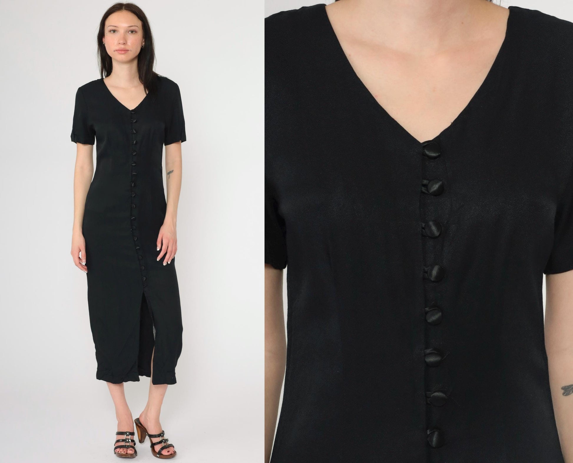 90s Betsy New York Black Midi Dress Cage Back Button Front Slit Small
