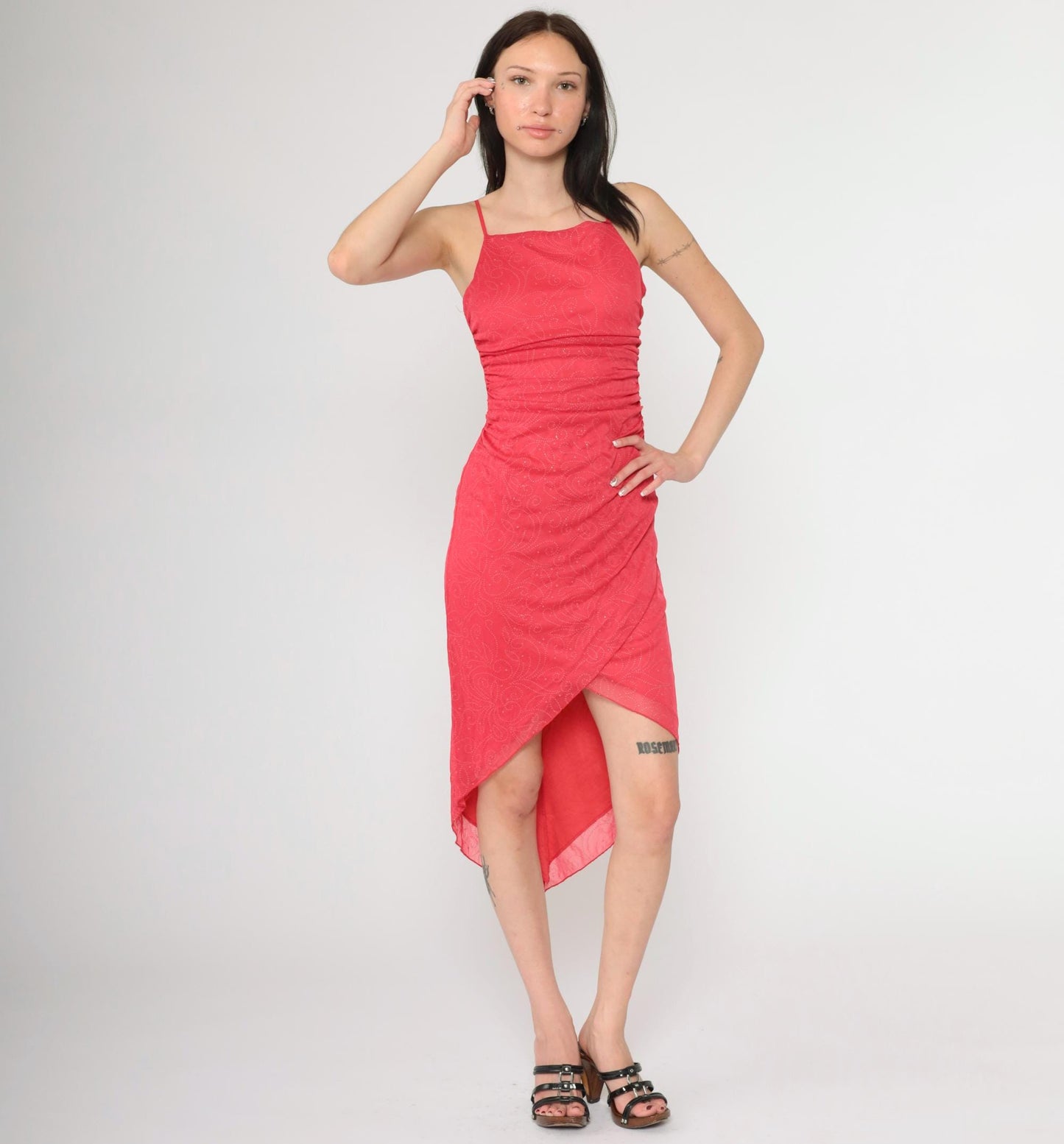 Y2K Coral Glitter Dot Asymmetrical Midi Dress Spaghetti Strap Ruched Small
