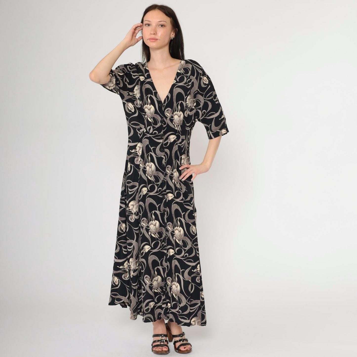 90s Express Black Floral Maxi Dress Tulip Swirl Print V-Neck Short Sleeve Medium Large