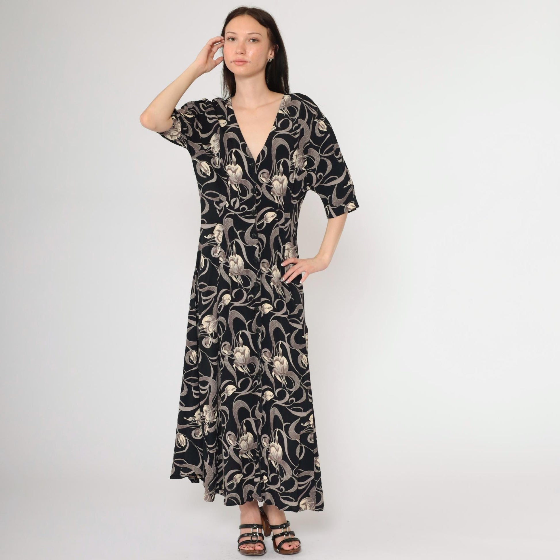 90s Express Black Floral Maxi Dress Tulip Swirl Print V-Neck Short Sleeve Medium Large