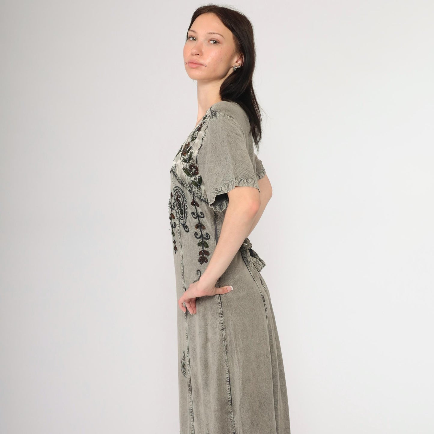 Y2K MPH Indian Embroidered Maxi Dress Grey Beaded Floral Short Sleeve Medium