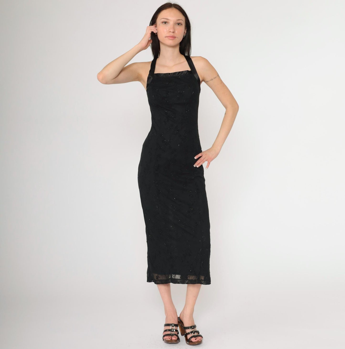 90s Black Flocked Velvet Midi Dress Criss-Cross Satin Straps Y2K Extra Small