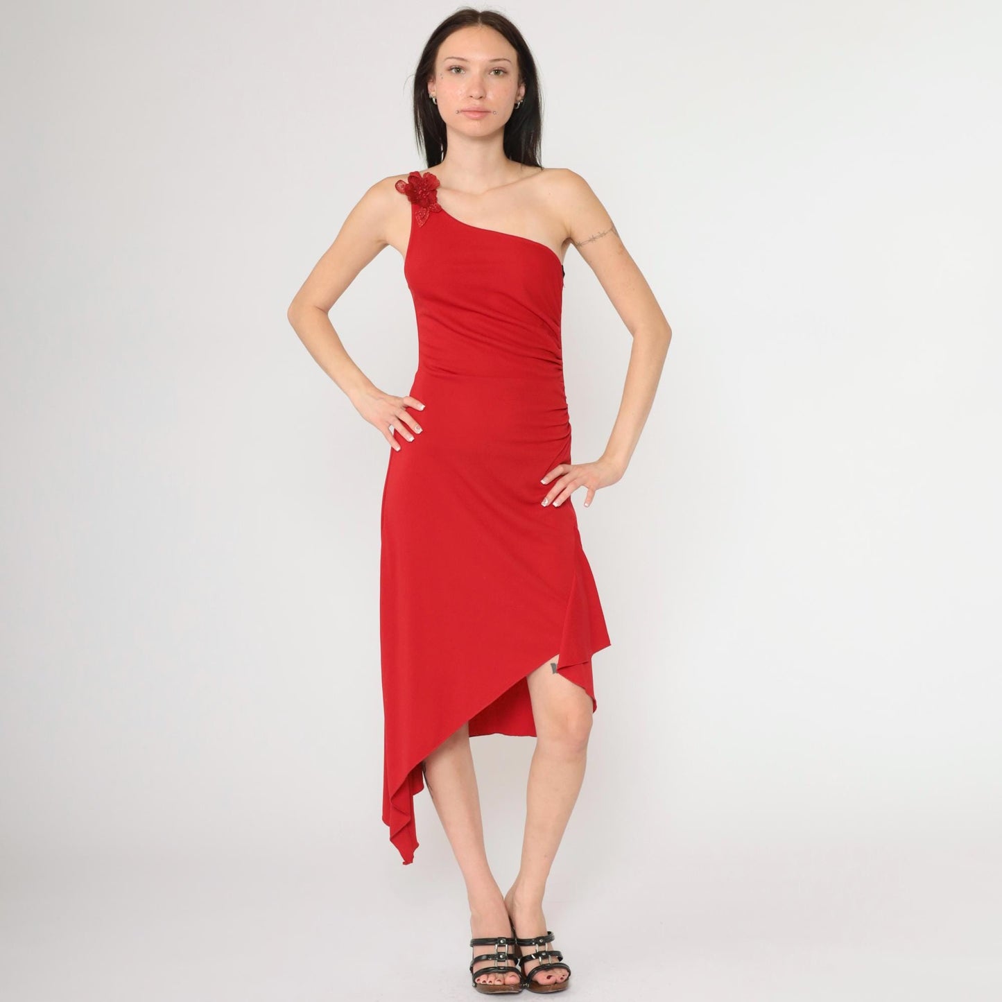 90s Red One-Shoulder Midi Dress Y2K Beaded Flower Asymmetrical Medium M