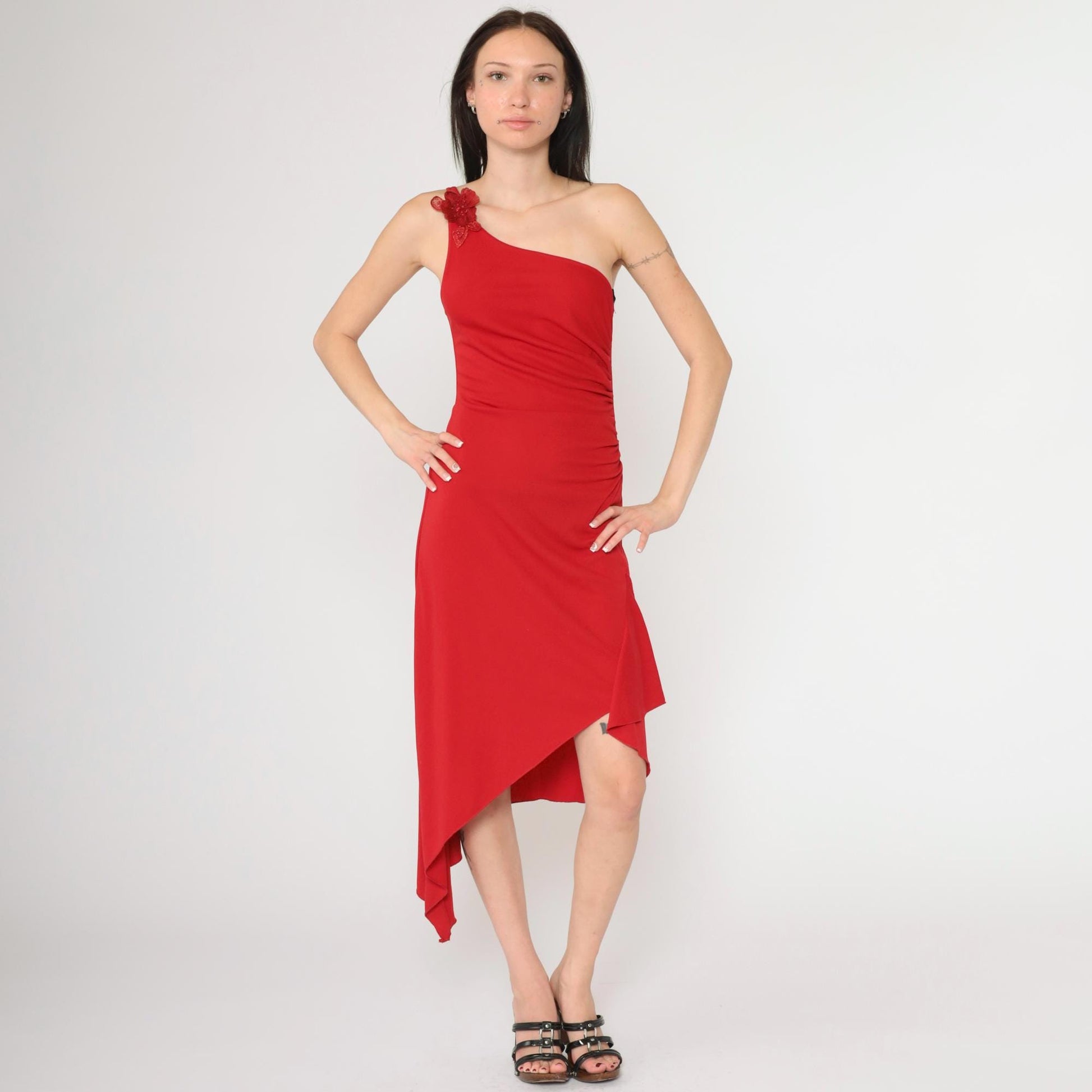 90s Red One-Shoulder Midi Dress Y2K Beaded Flower Asymmetrical Medium M