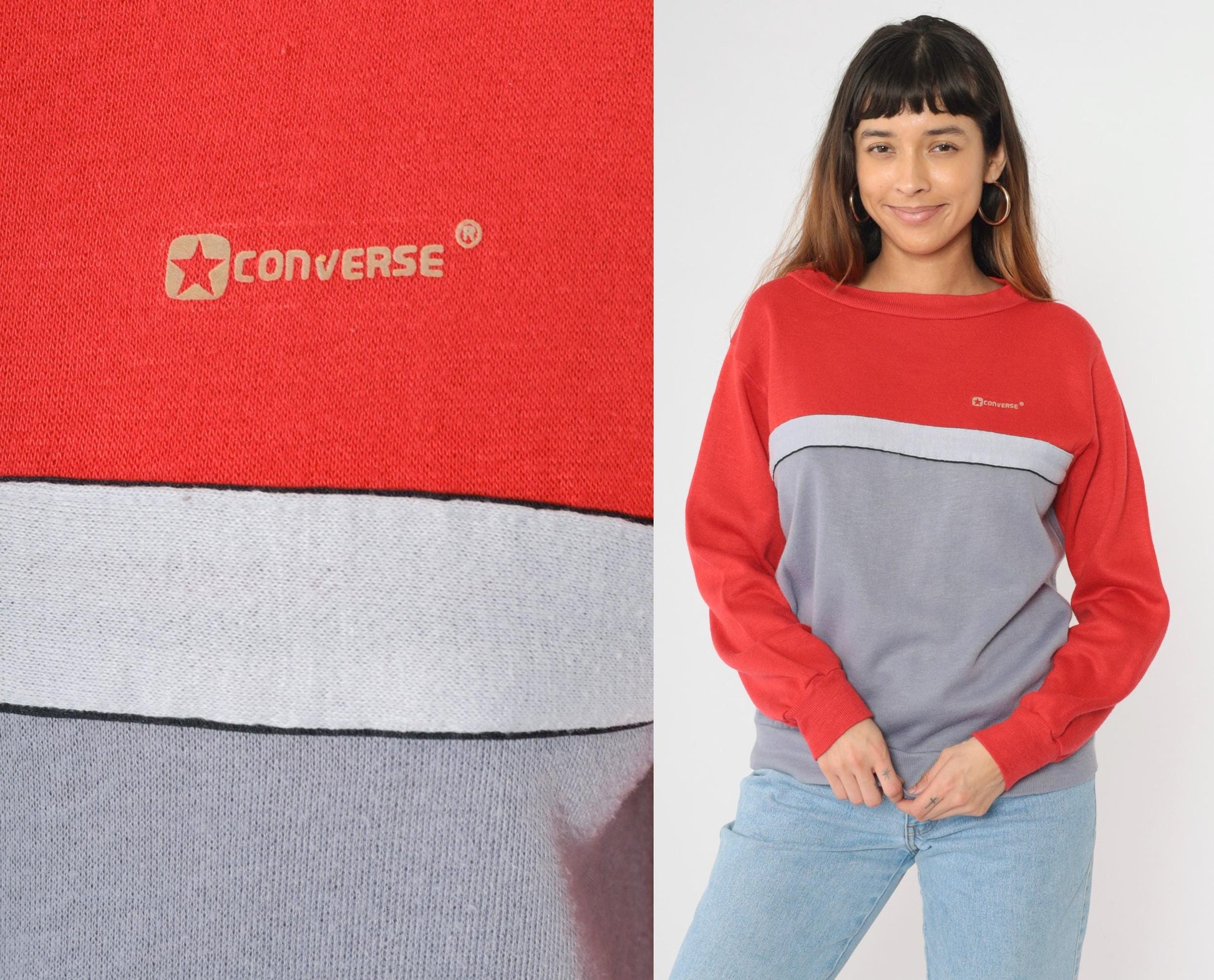 80s Converse Striped Sweatshirt Red Grey Color Block Crewneck Medium