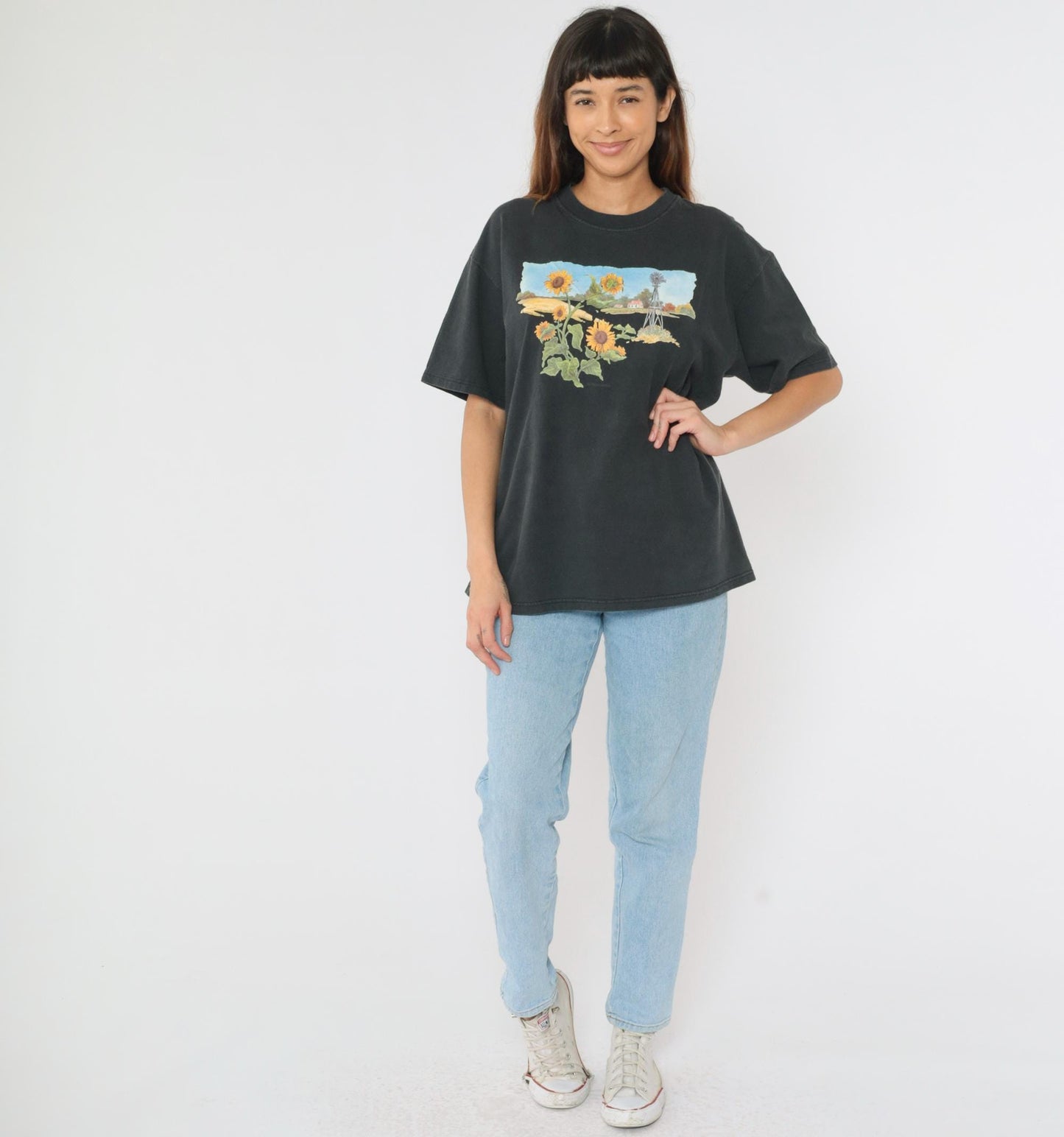 Y2K Farm Windmill Sunflower Graphic T-Shirt Black Cotton Crewneck Medium