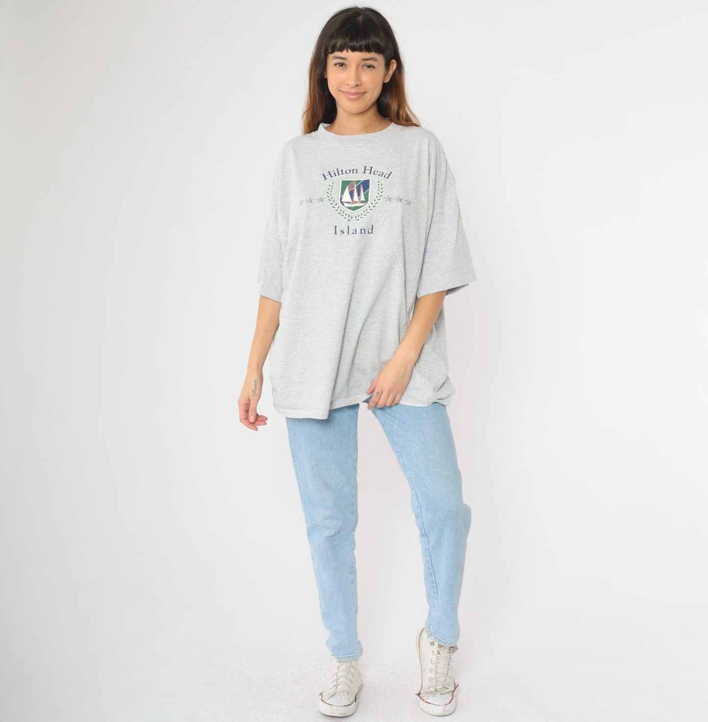 90s Hilton Head Island Sailboat Graphic T-Shirt Grey Striped Crewneck XXL
