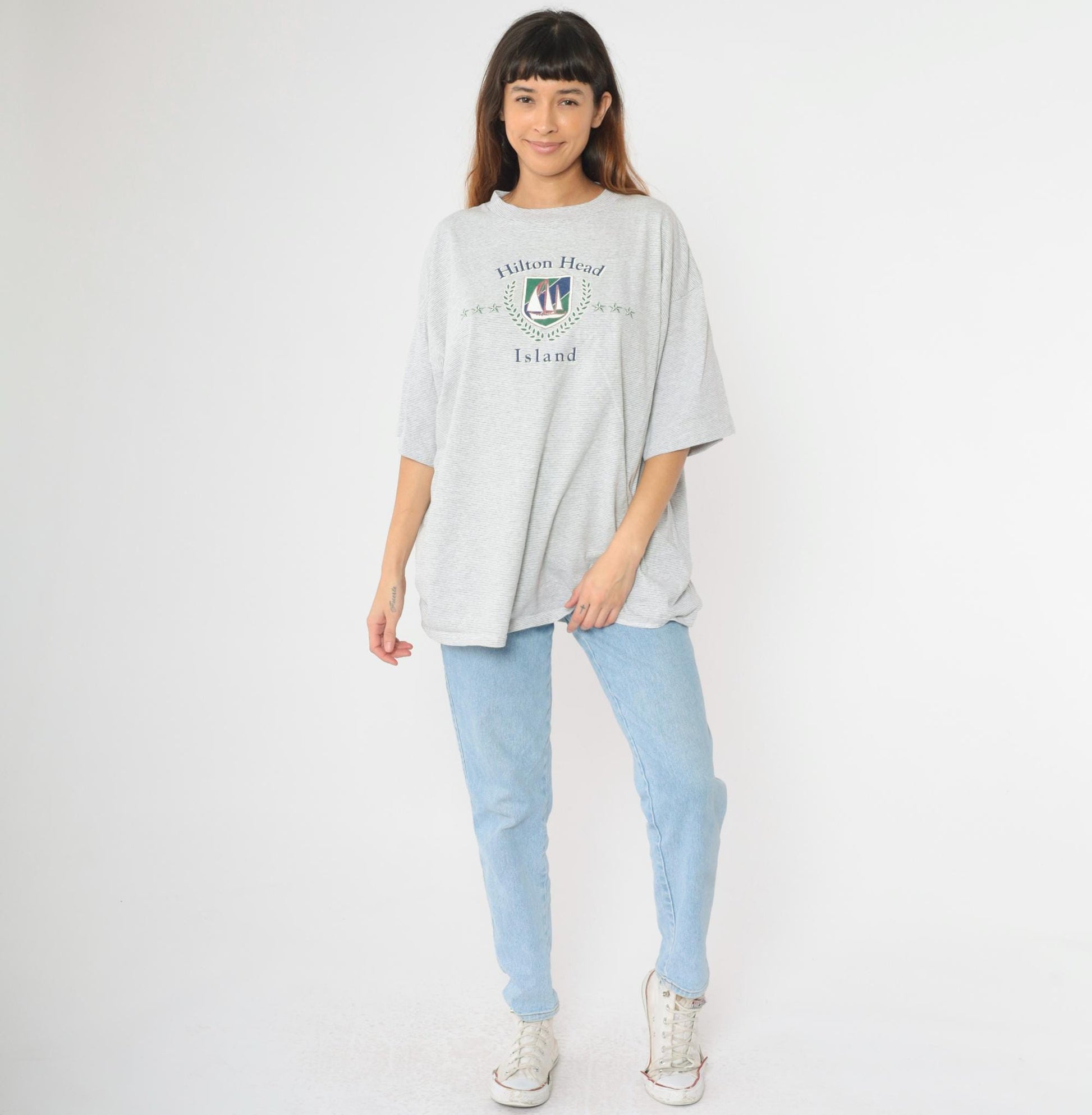 90s Hilton Head Island Sailboat Graphic T-Shirt Grey Striped Crewneck XXL