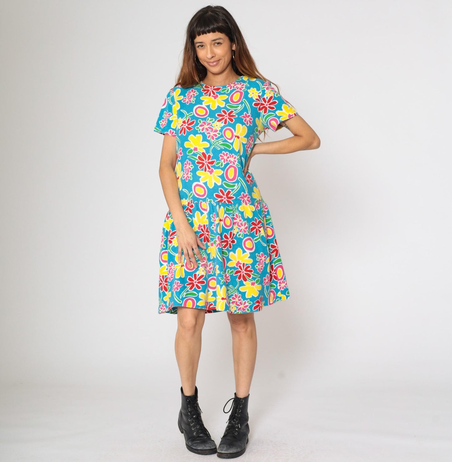 90s Adrienne Vittadini Floral Dress Drop Waist Knee Length Cotton Medium