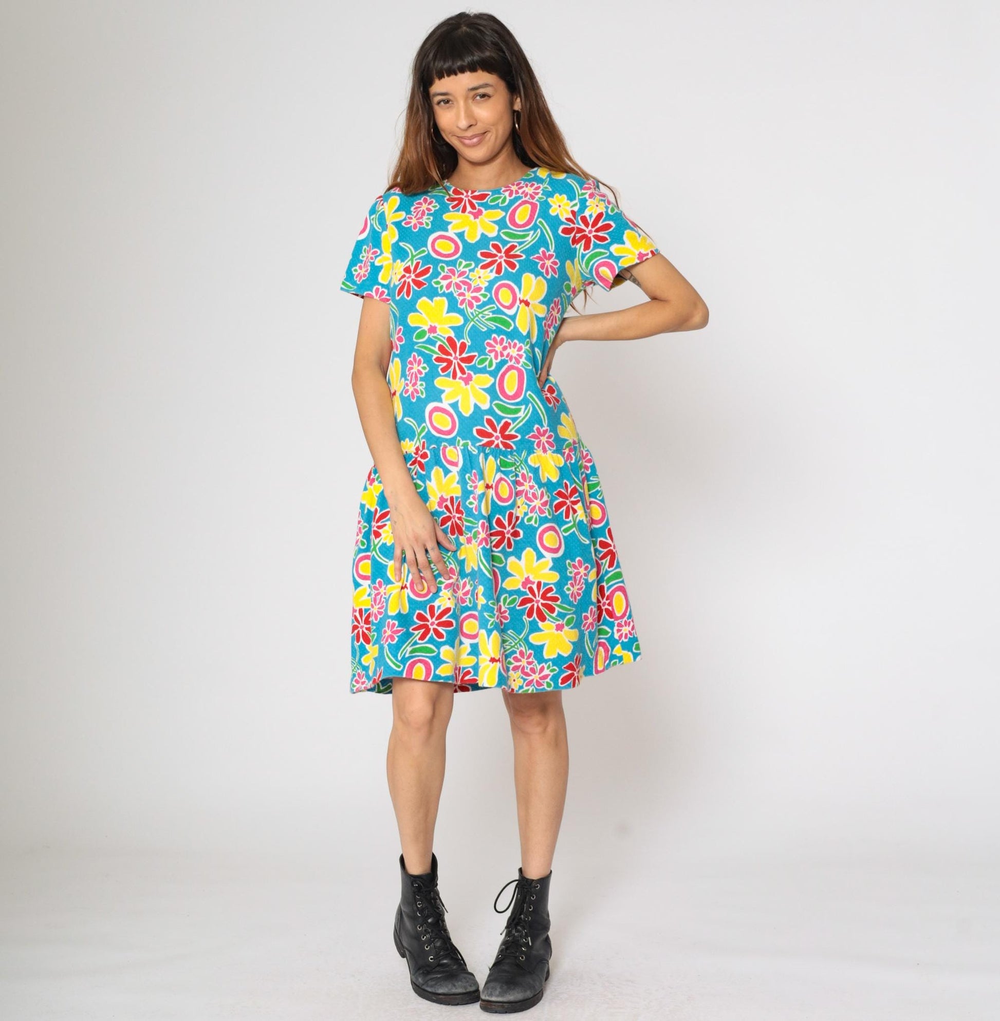 90s Adrienne Vittadini Floral Dress Drop Waist Knee Length Cotton Medium