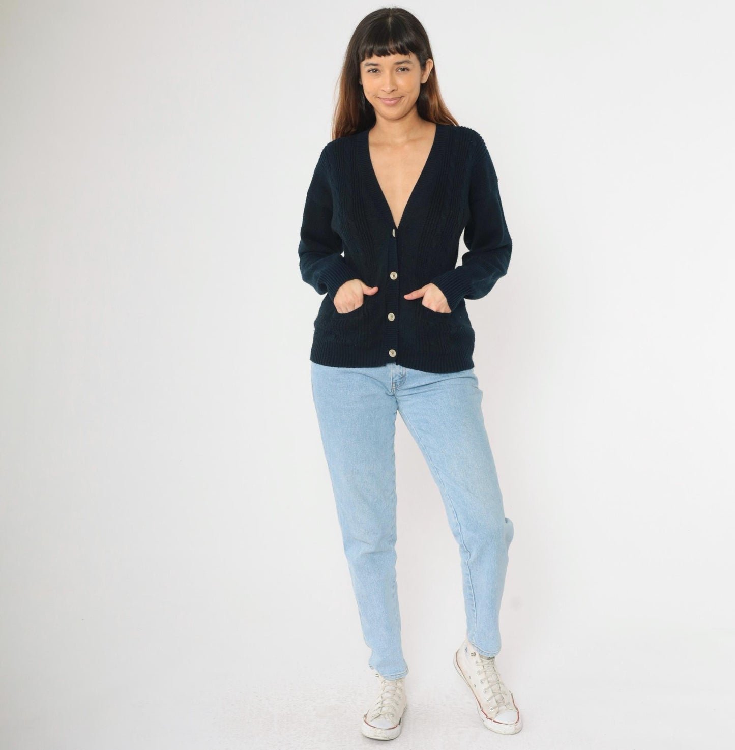 90s Navy Cable Knit Cardigan Button-Up V-Neck Sweater Small S