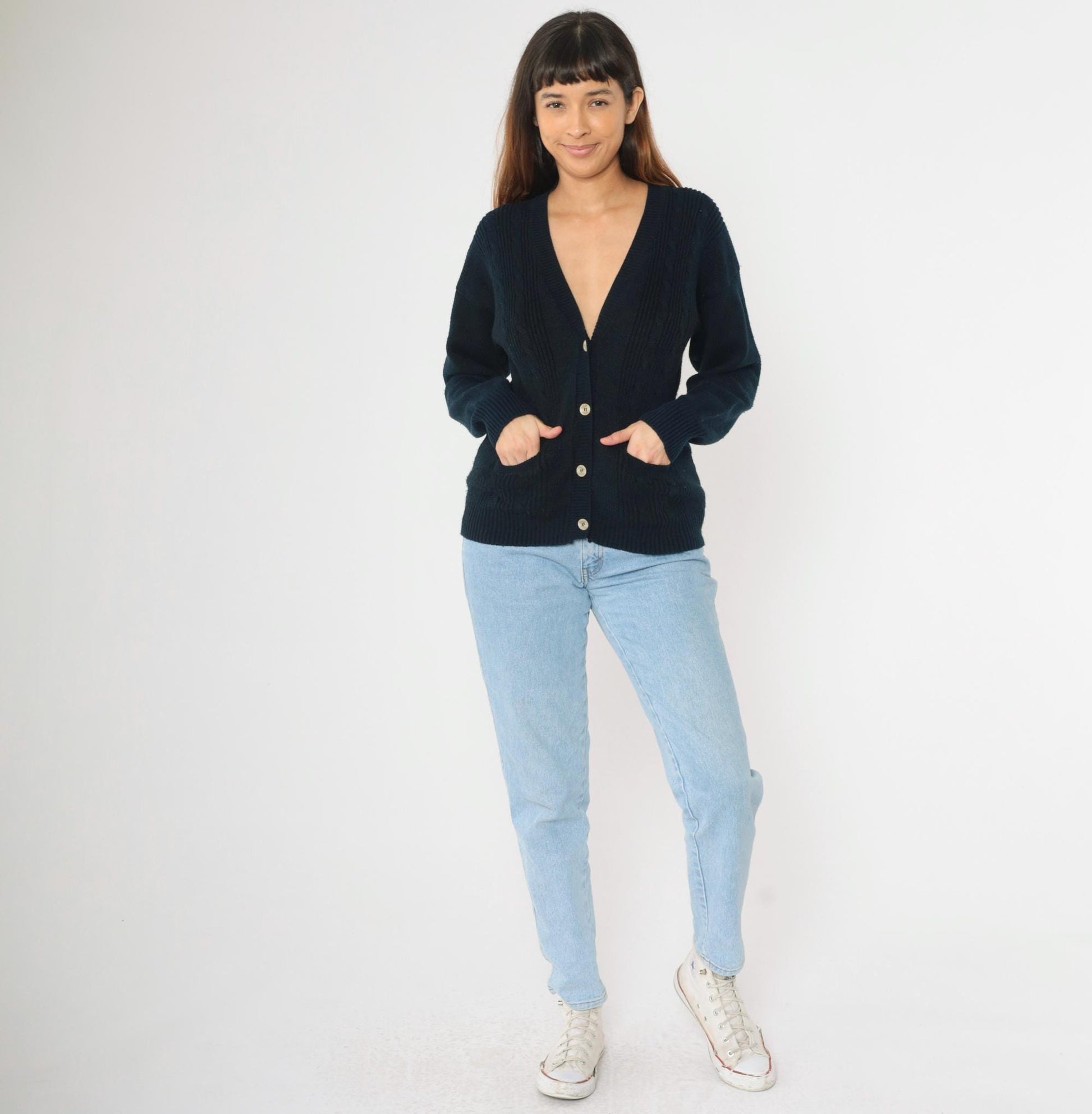 90s Navy Cable Knit Cardigan Button-Up V-Neck Sweater Small S