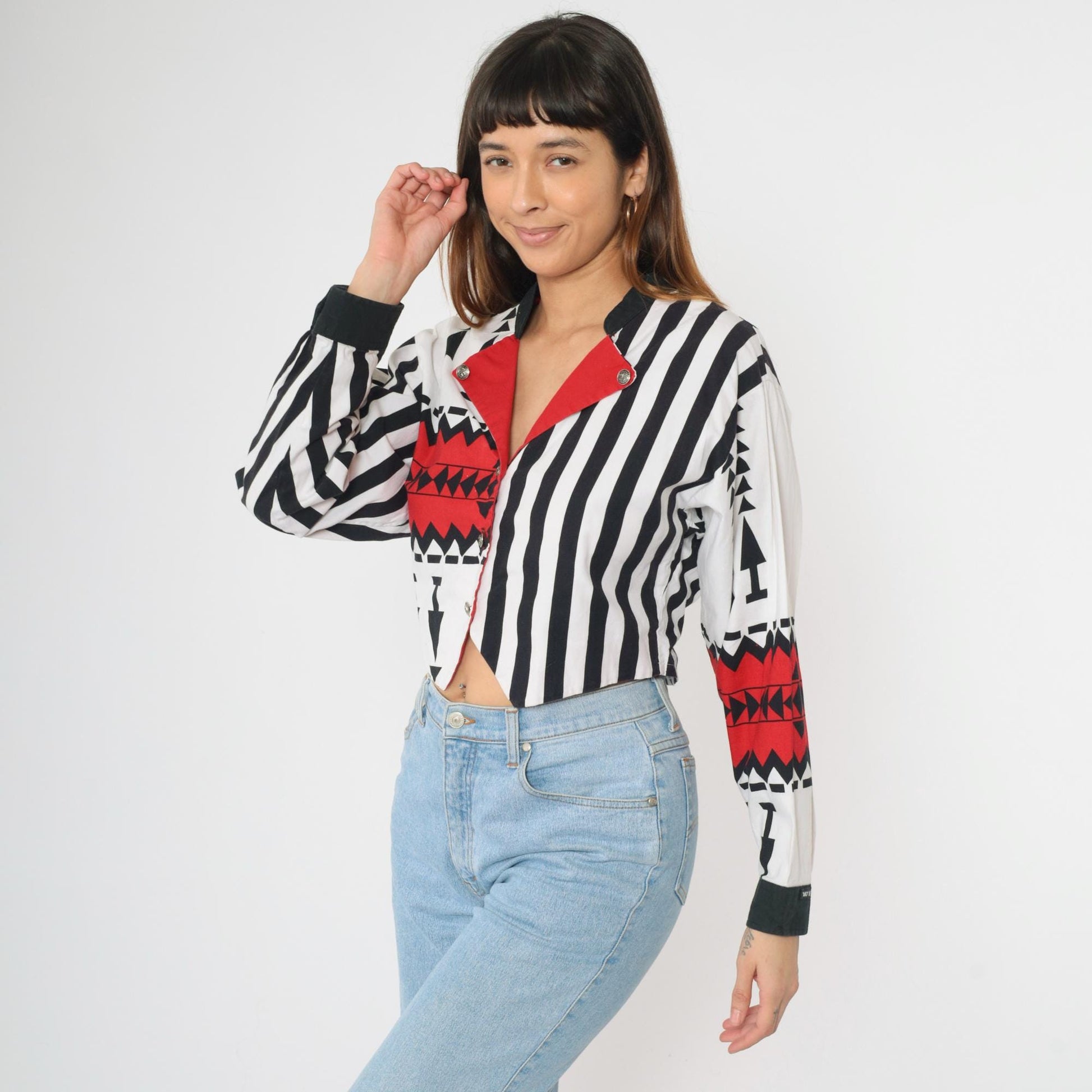 90s Mo Betta Western Crop Top Long Sleeve Button Up Red White Black Striped Medium