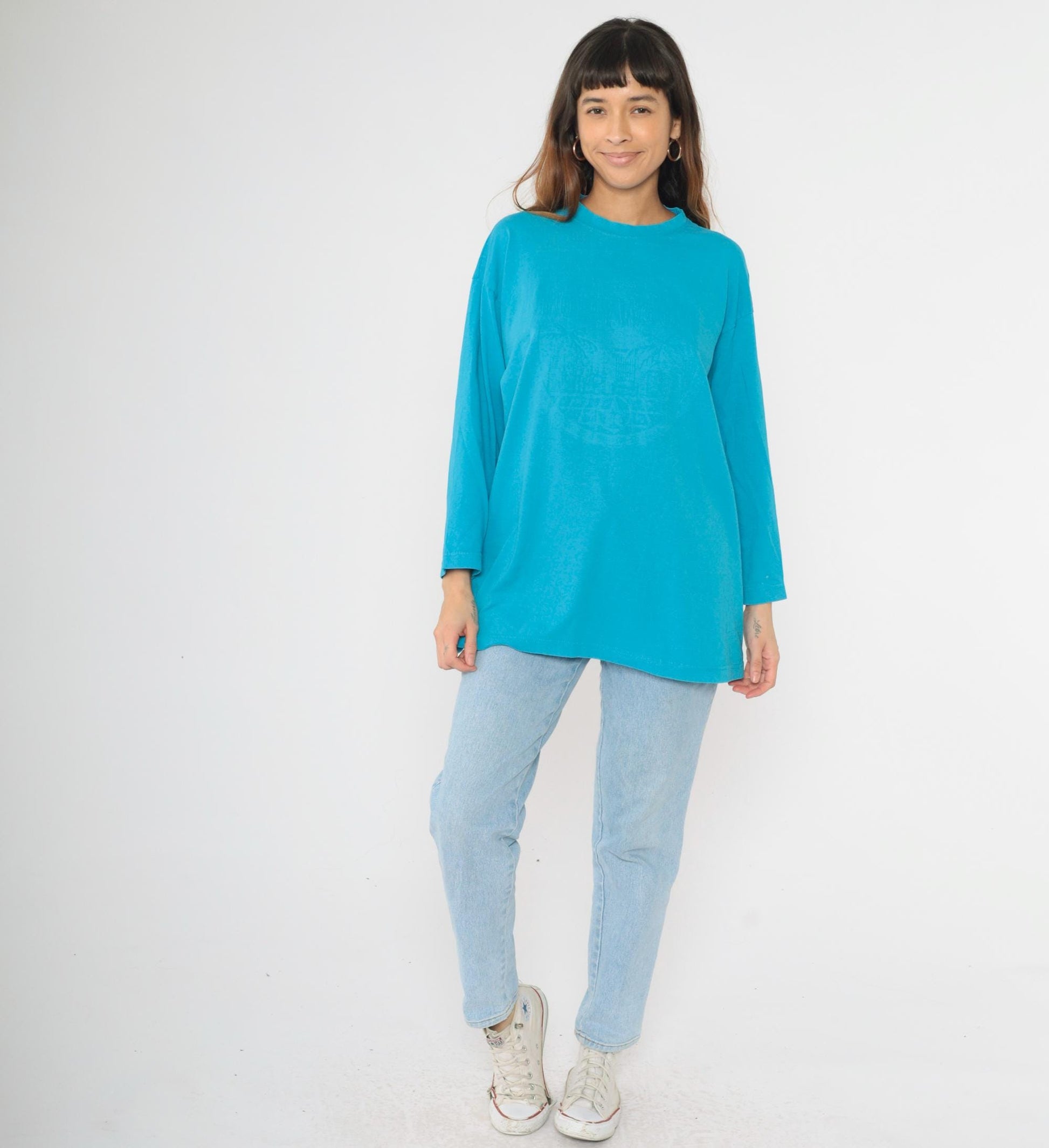90s Hollywood Los Angeles Embossed Graphic Long Sleeve Tee Turquoise Extra Large XL