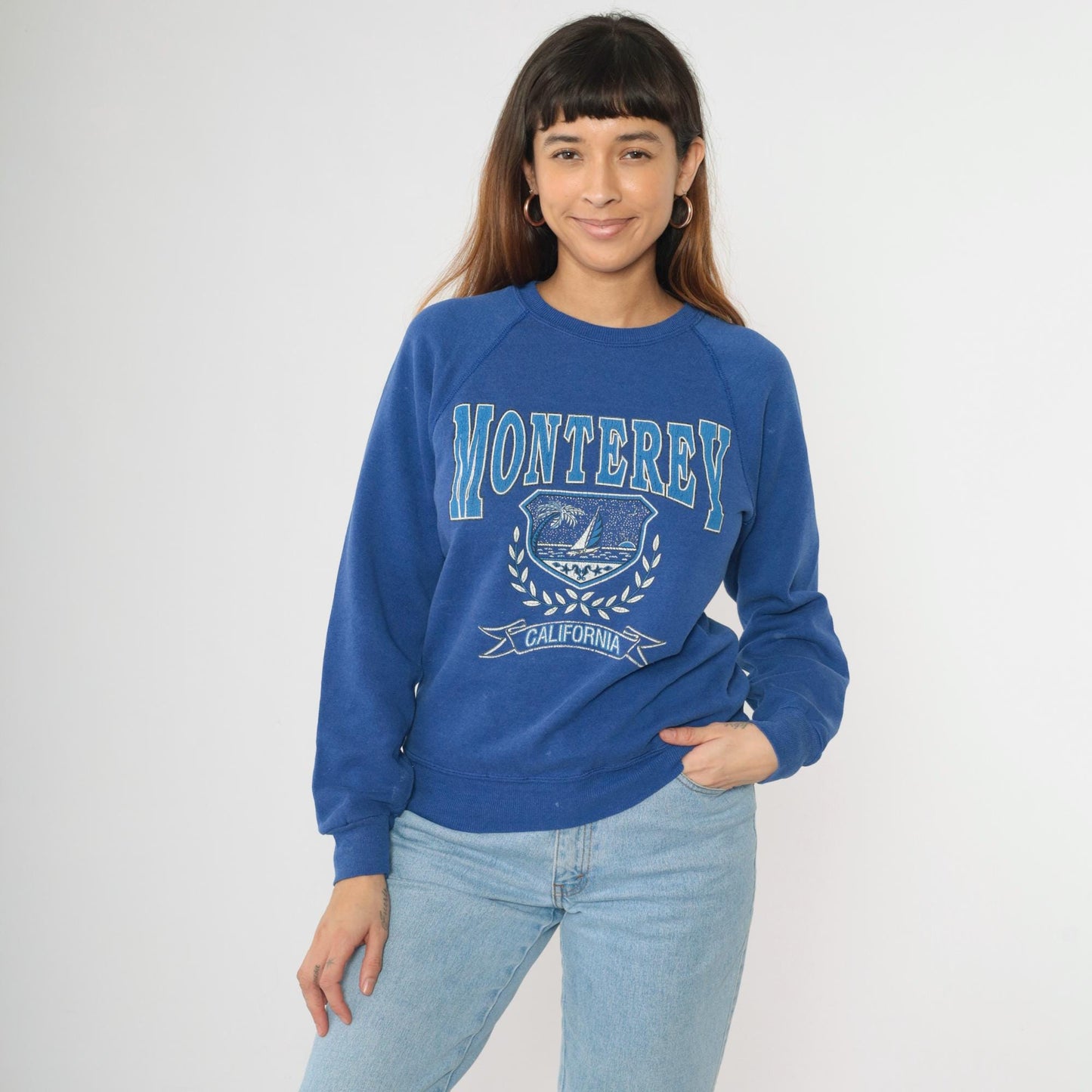 90s Monterey California Sailboat Sweatshirt Lee Blue Raglan Crewneck Small