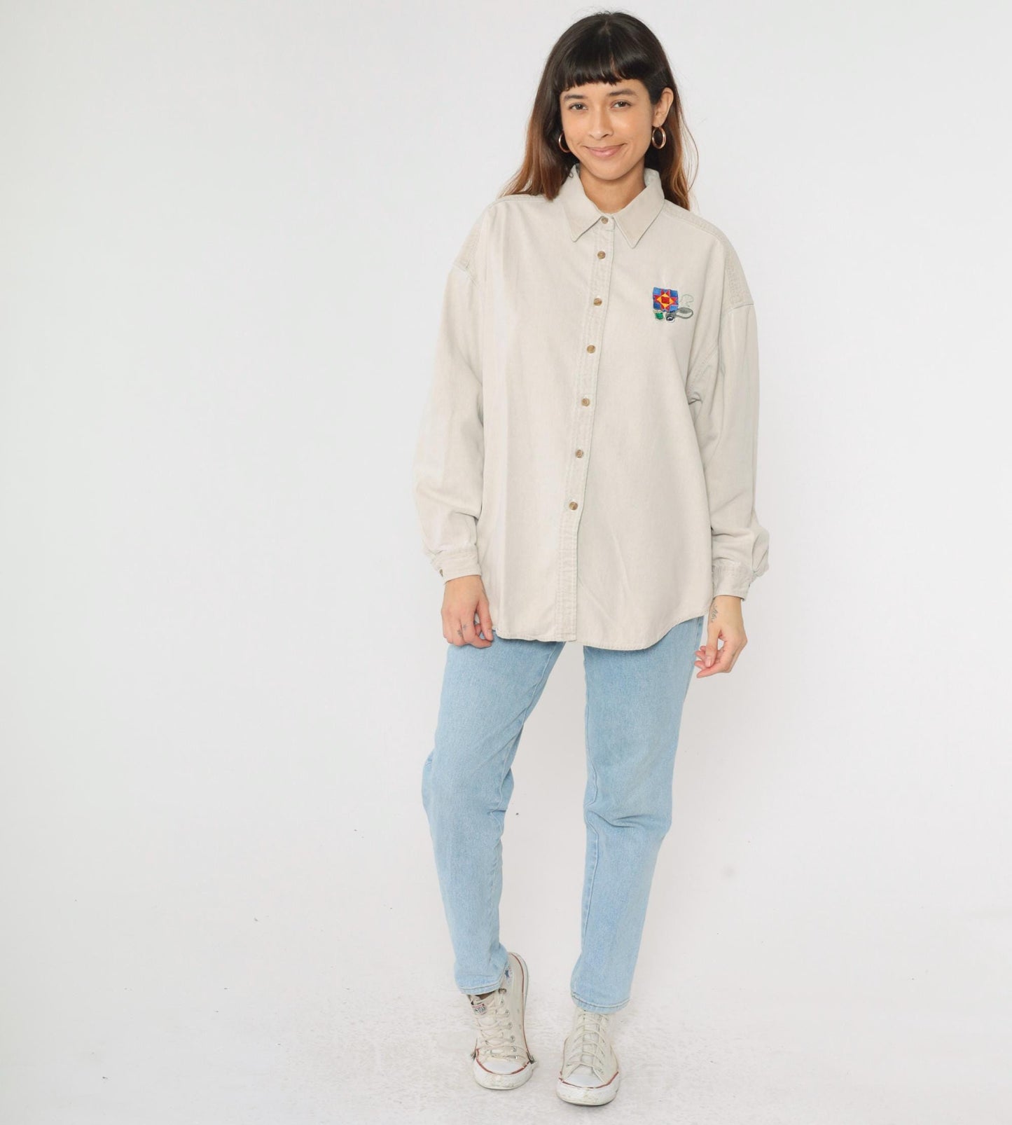 90s Three Rivers Beige Denim Shirt Quilting Embroidery Button Up Extra Large XL