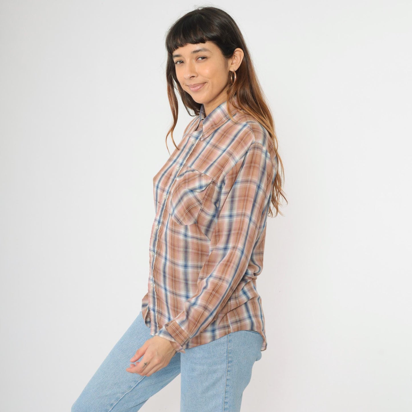80s Tan Blue Pink Plaid Button Up Shirt Long Sleeve Men's Medium