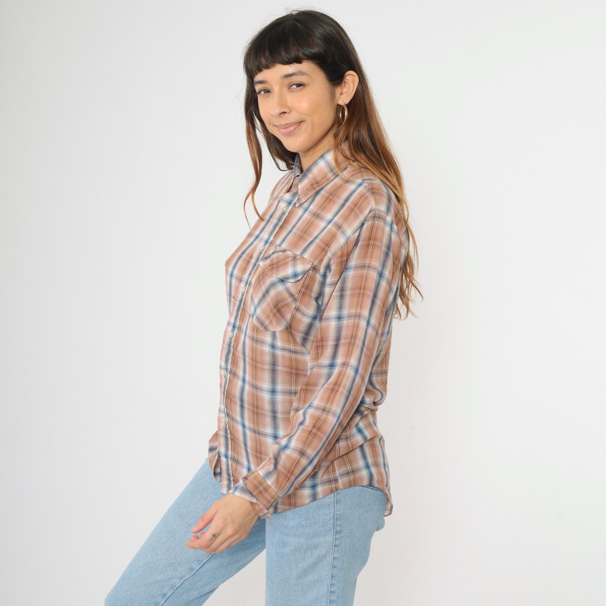 80s Tan Blue Pink Plaid Button Up Shirt Long Sleeve Men's Medium