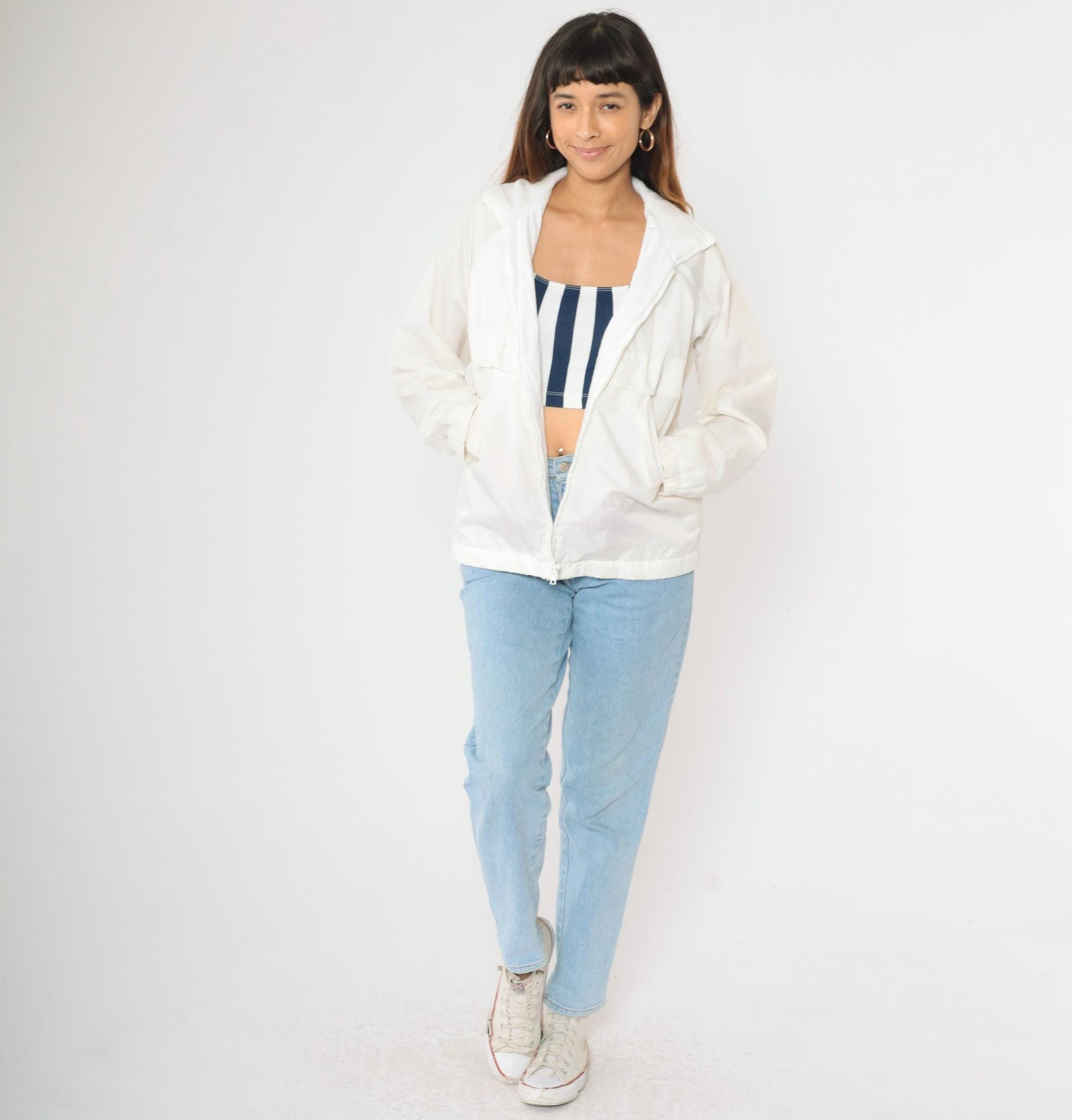 80s White Nylon Windbreaker Jacket Zip Up Raglan Sleeve Small S