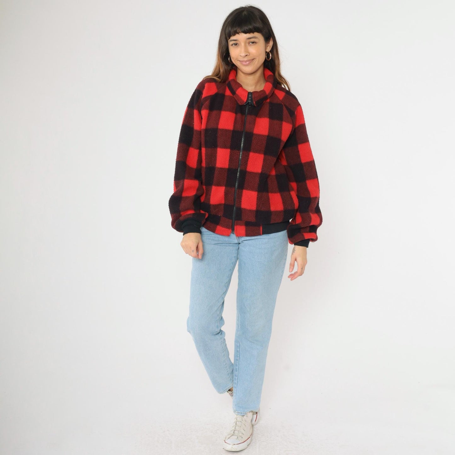 90s Buffalo Plaid Polar Fleece Zip Jacket Red Black Check Medium