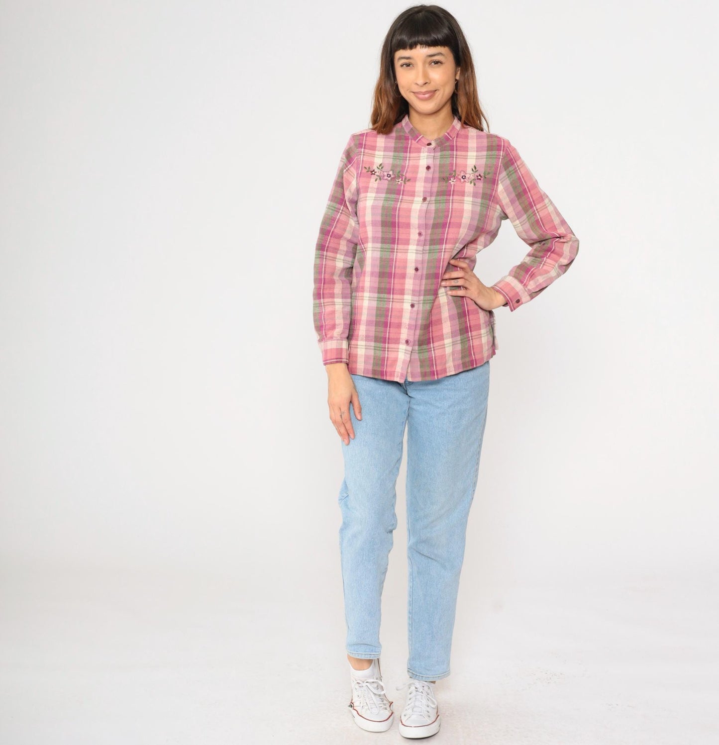 Y2K Blair Pink Plaid Floral Embroidered Button-Up Blouse Cotton Medium