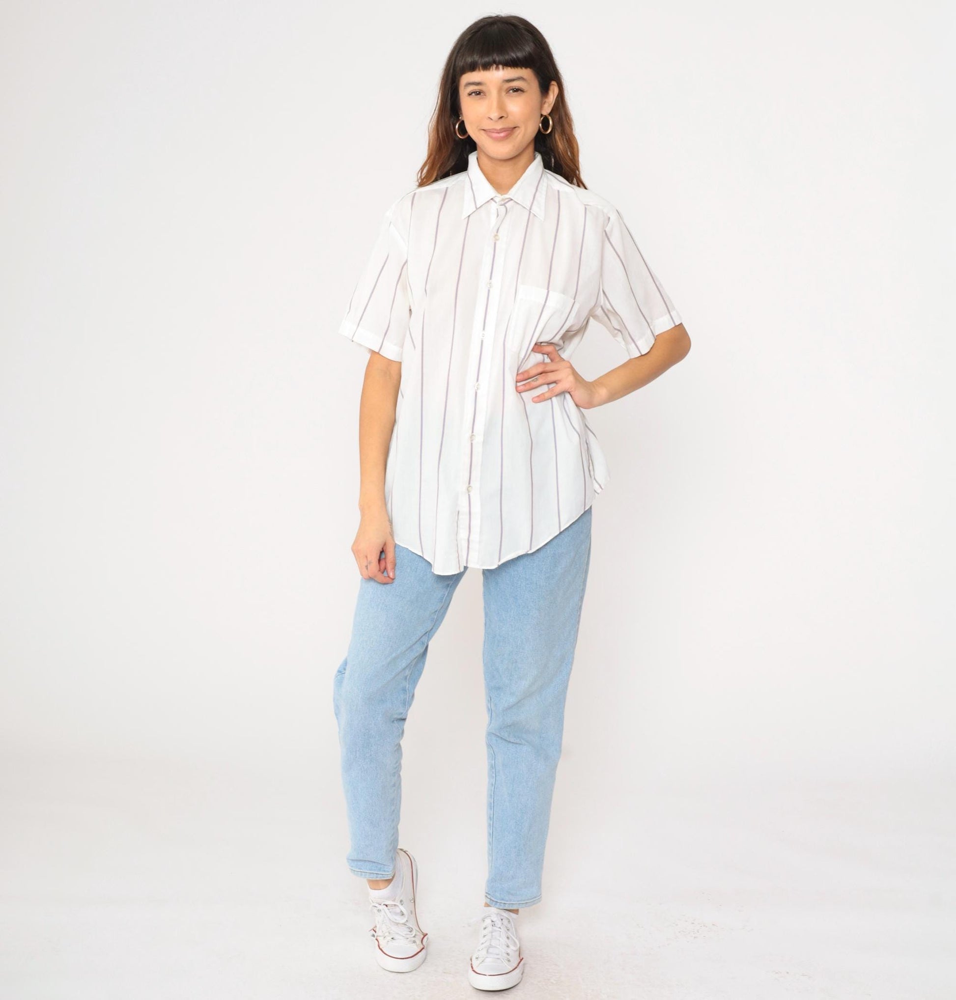 80s White Striped Semi-Sheer Button-Up Shirt Short Sleeve Collar Large L