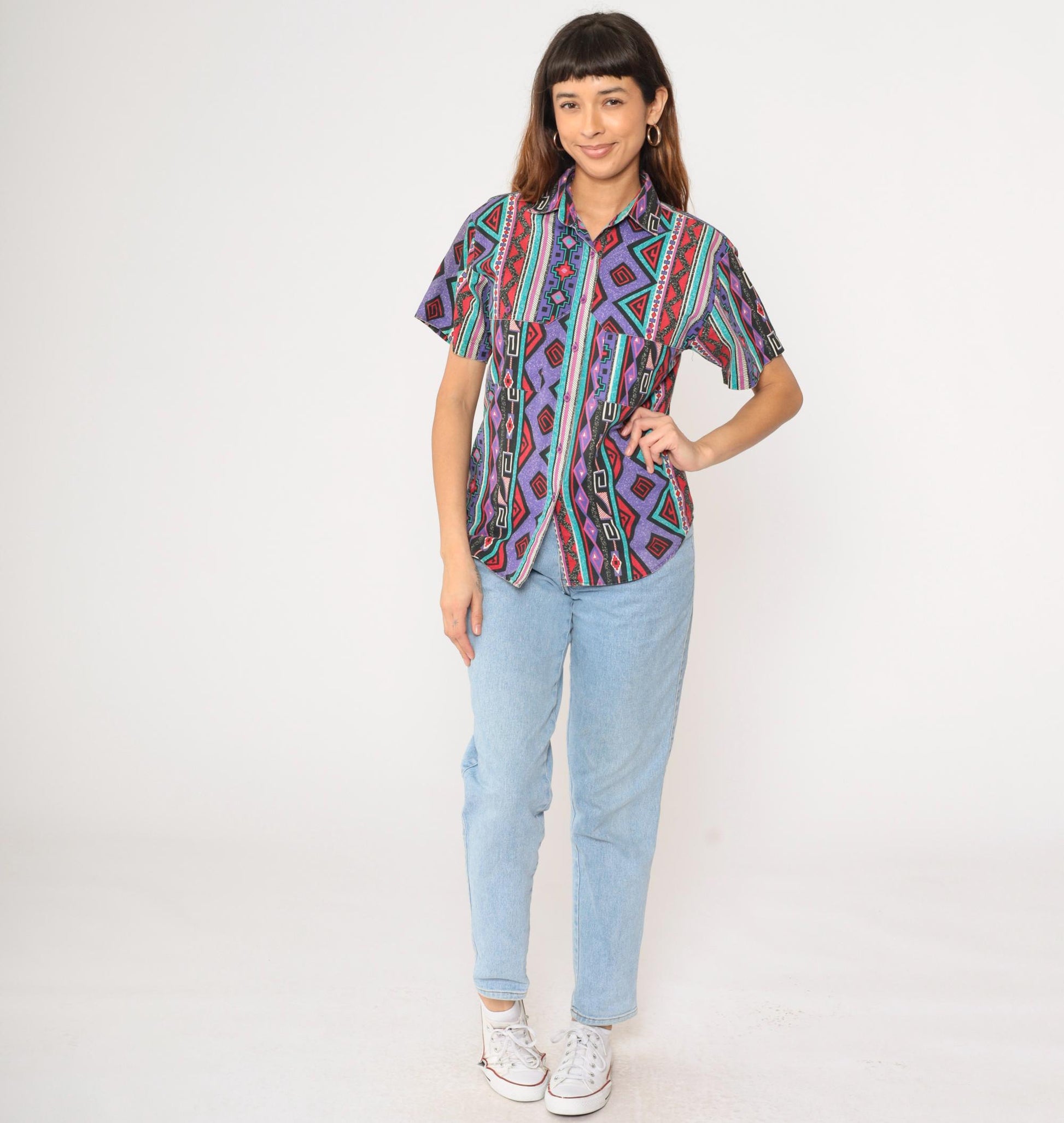 90s Wrangler Southwestern Striped Button-Up Shirt Purple Short Sleeve Small