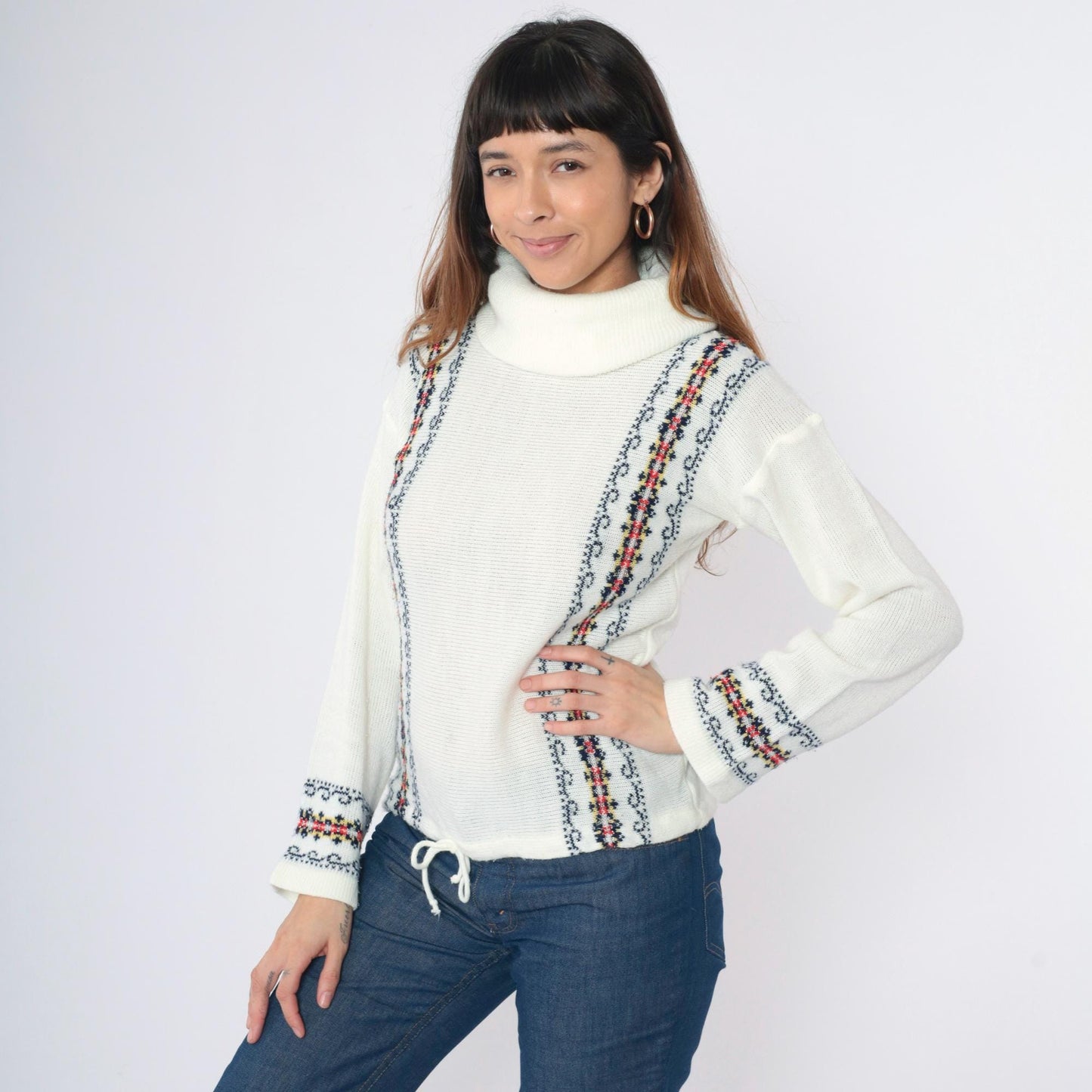 70s White Turtleneck Sweater Metallic Floral Stripe Knit Wide Sleeve Small