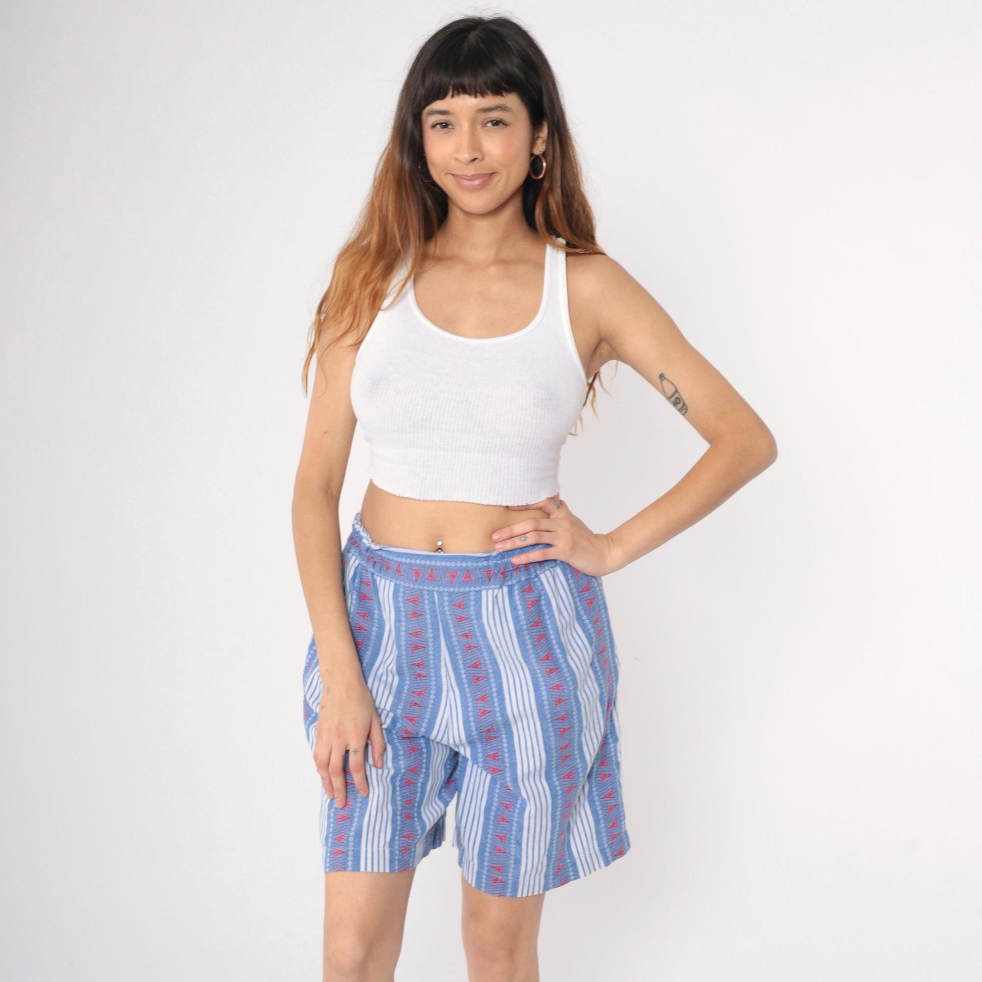 90s Chez T Striped Cotton Shorts Sailboat Nautical Blue White Red Medium