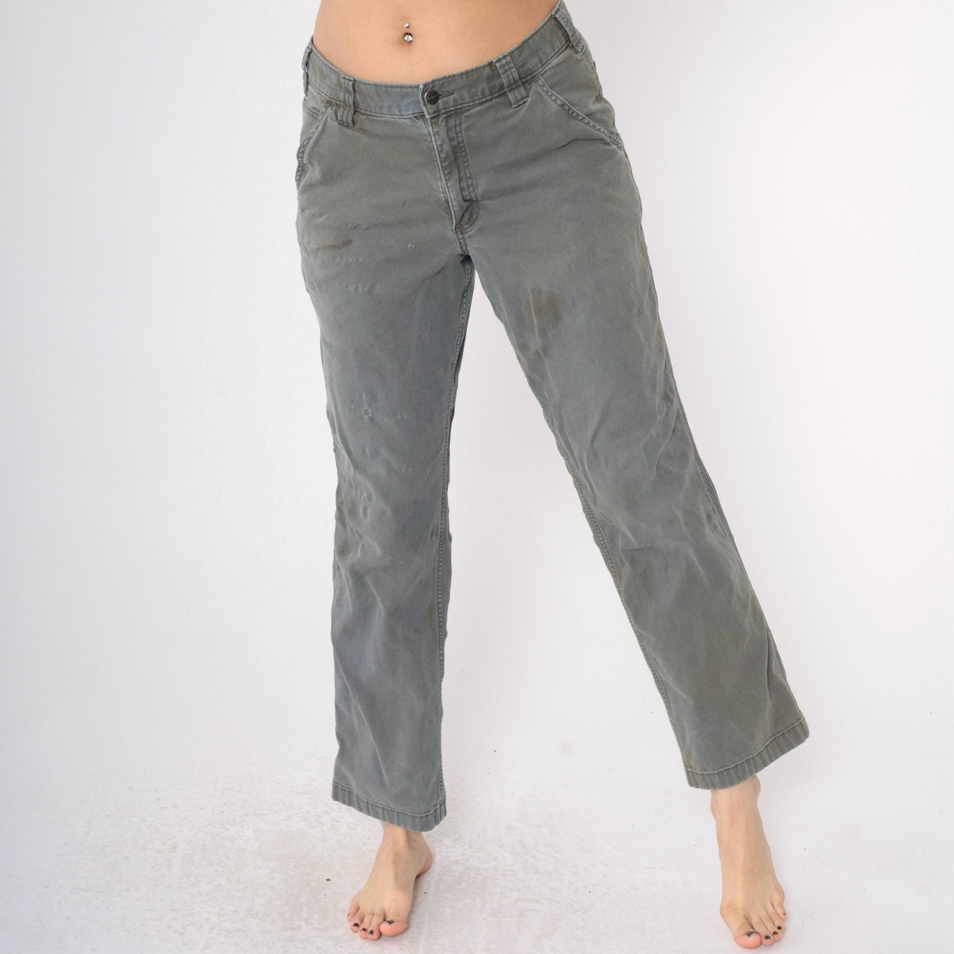 Y2K Carhartt Olive Canvas Work Pants Distressed Straight Leg 32x32 Men's