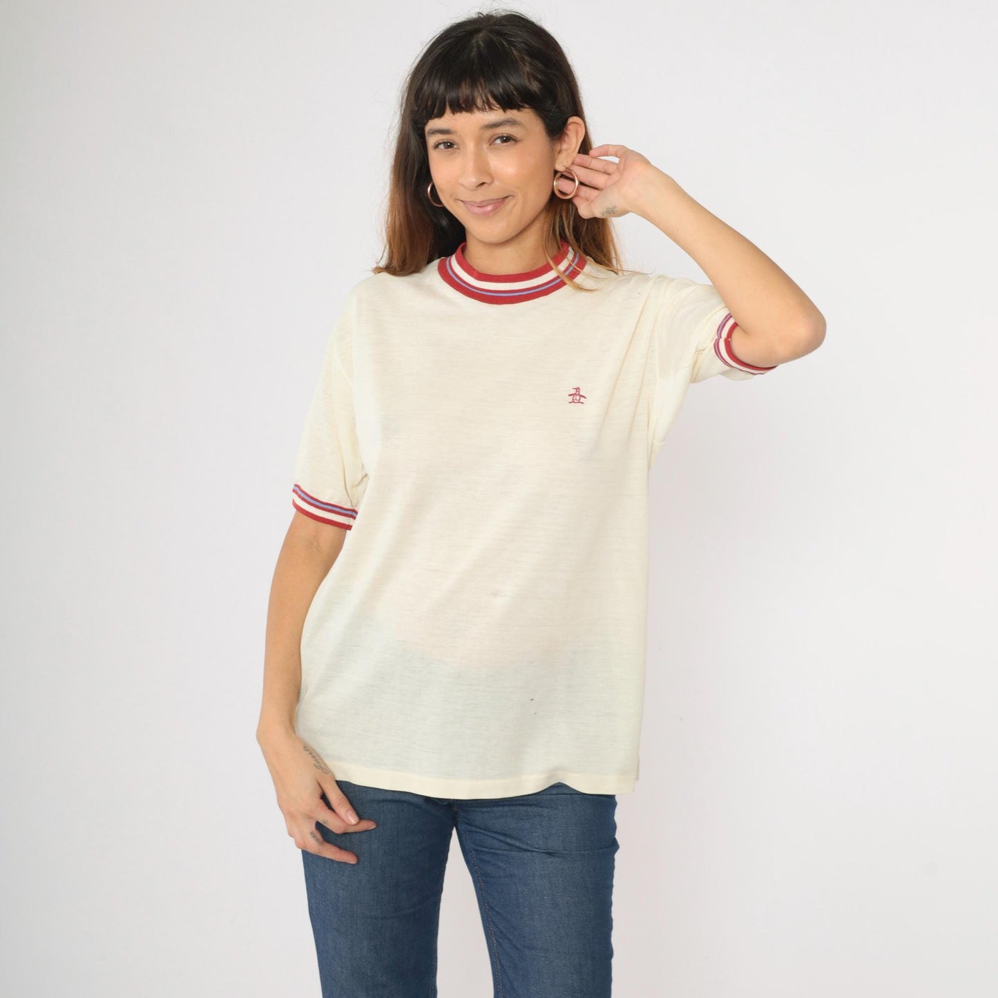 80s Munsingwear Grand Slam Penguin Ringer Tee Cream Red Striped Medium