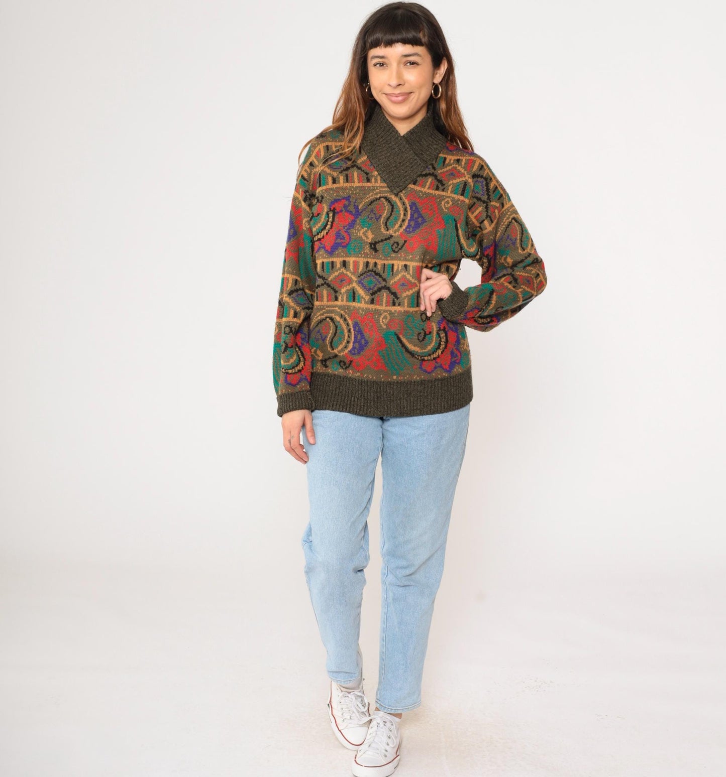 80s Meister Wool Blend Sweater Multicolor Paisley Shawl Collar Medium Large