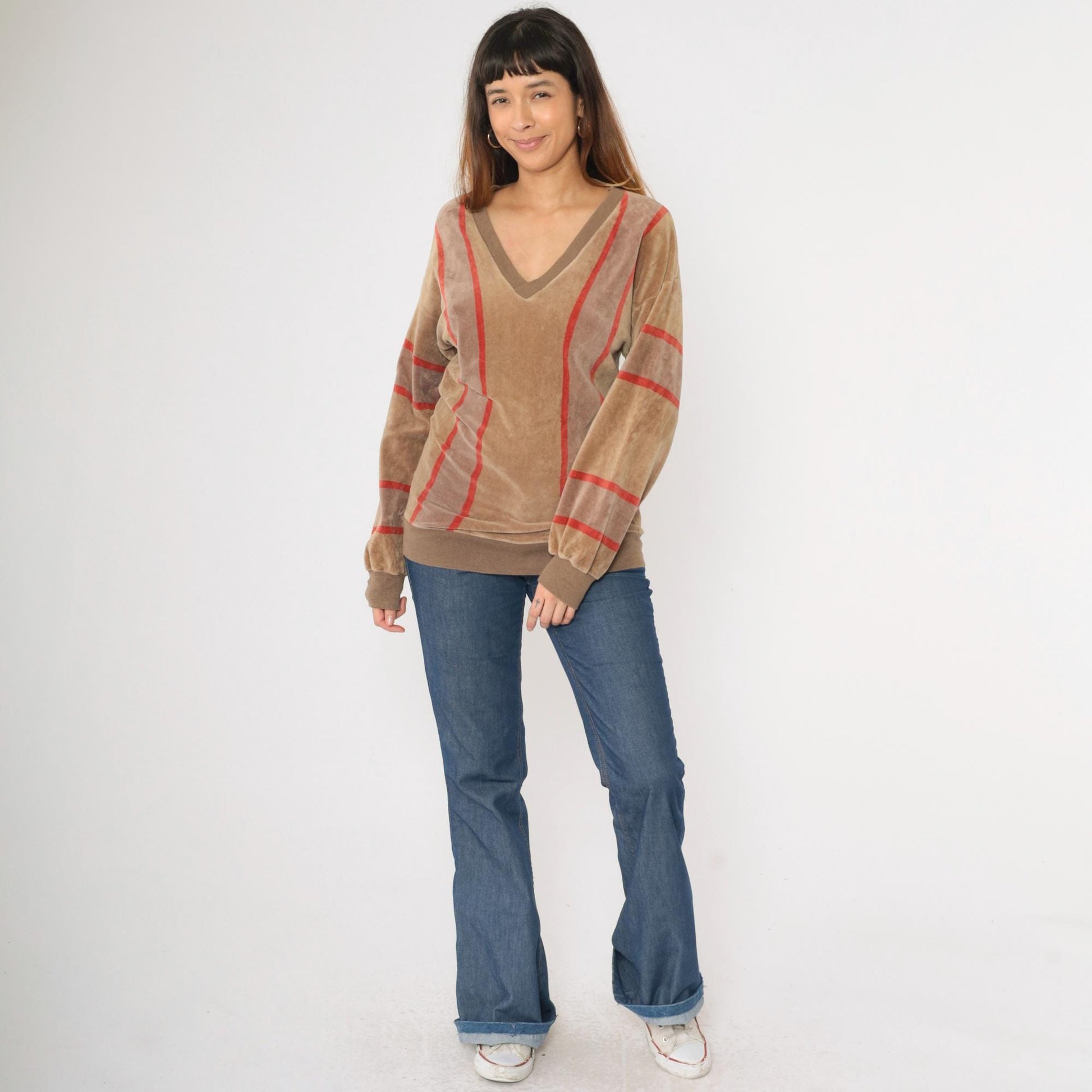 80s Bay Club Velour Sweatshirt Brown Red Striped V-Neck Small